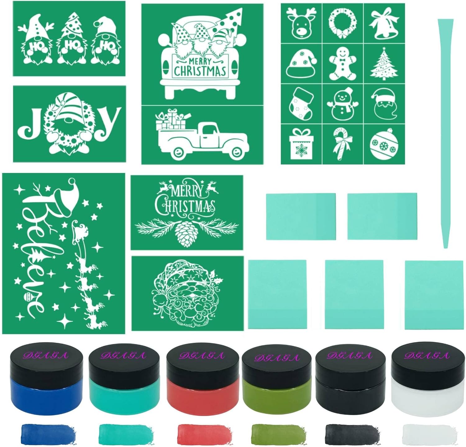 DGAGA 19PCS Christmas Silk Screen Stencils,Xmas Chalk Paste Minin Squeegees & Stencil Silkscreen Set Reusable Chalk Mesh Transfers Self Adhesive Stencils for Painting on Wood,Furniture,Home Decor