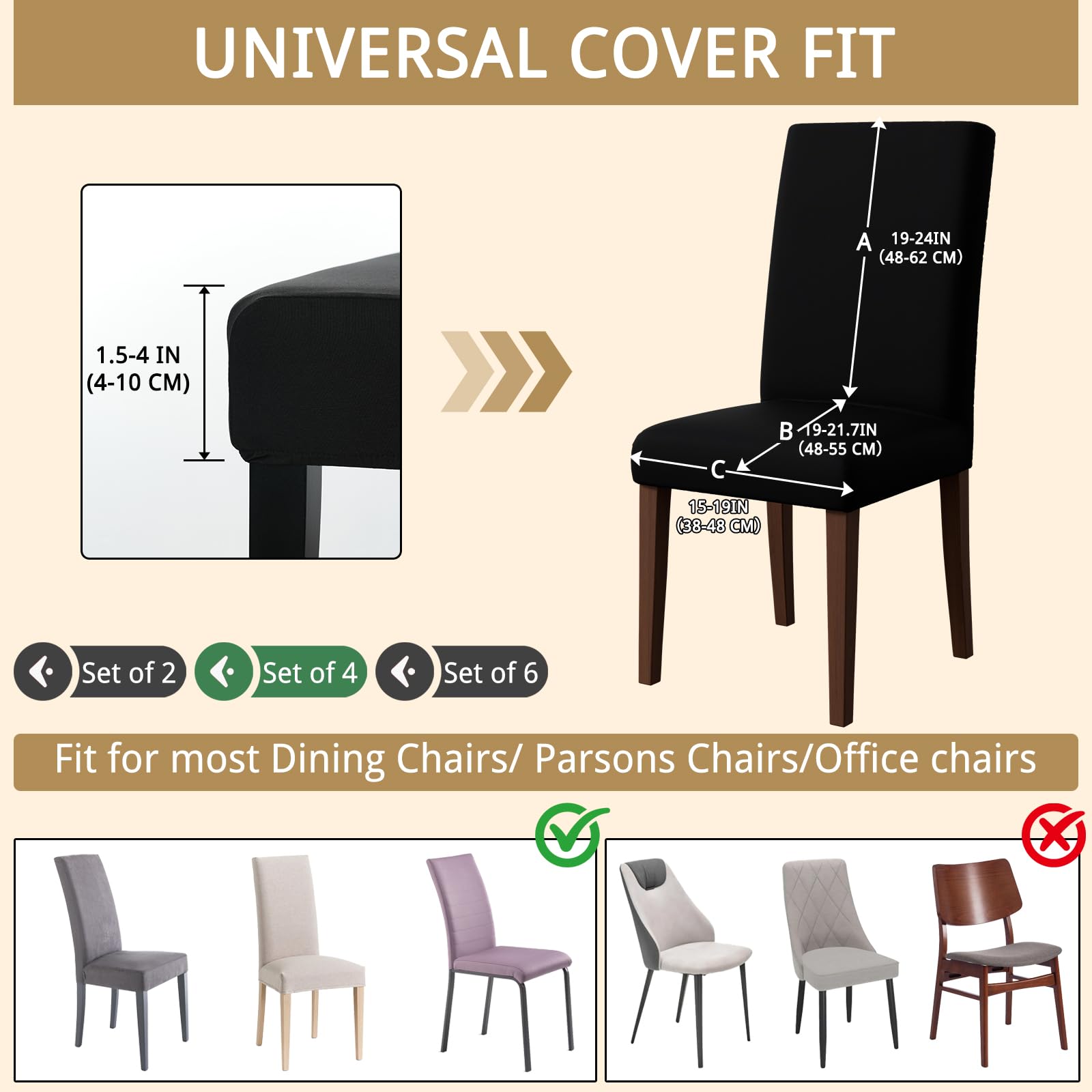 Pacok Dining Room Chair Covers Set of 4,Stretch Dining Chair Slipcovers Elastic Removable Washable Seat Covers for Hotel Kitchen Banquet Ceremony(Black) - Image 3