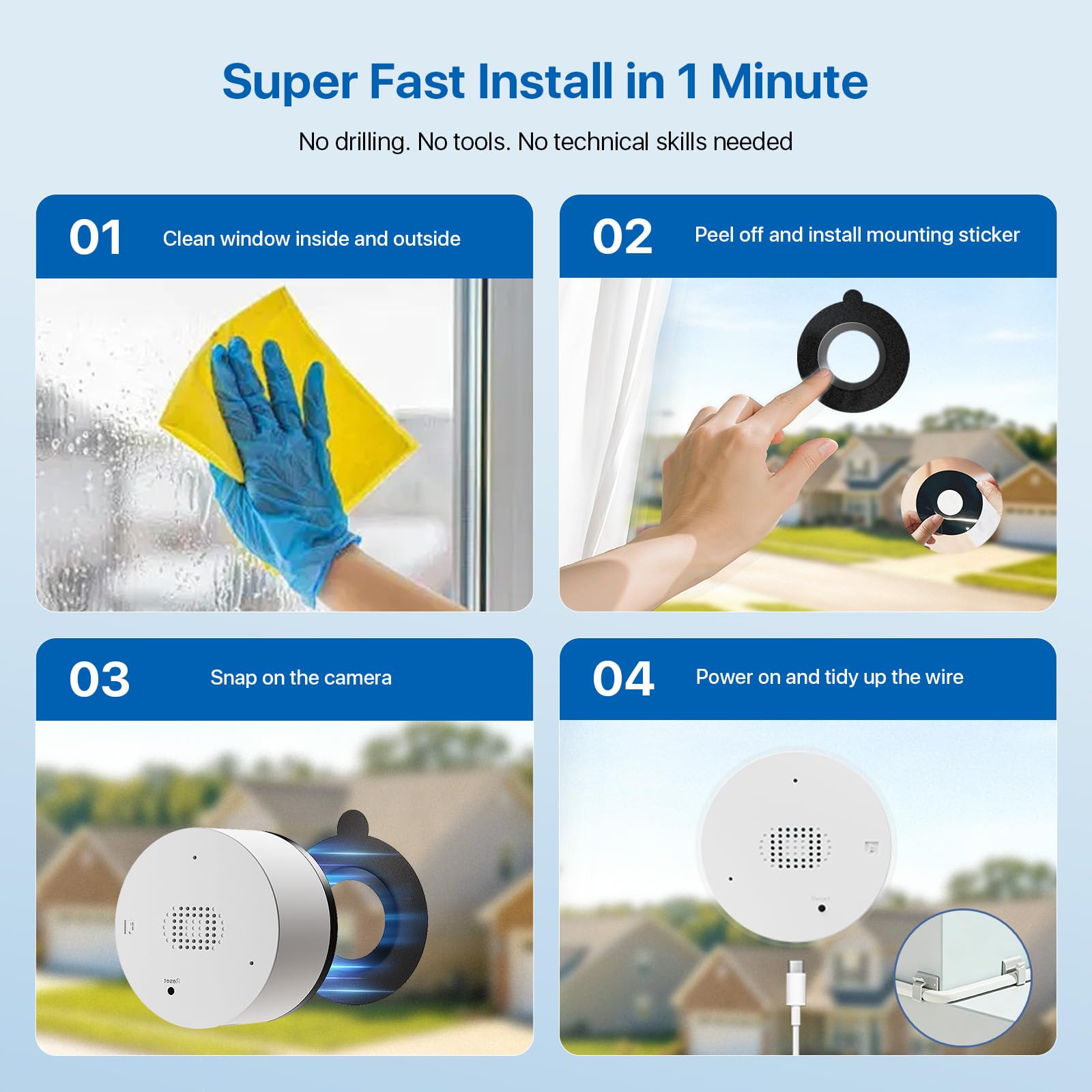 Fensterkamera Innen 3MP, 2,4 & 5 GHz WLAN, Ohne Bohren, Ohne ABO
