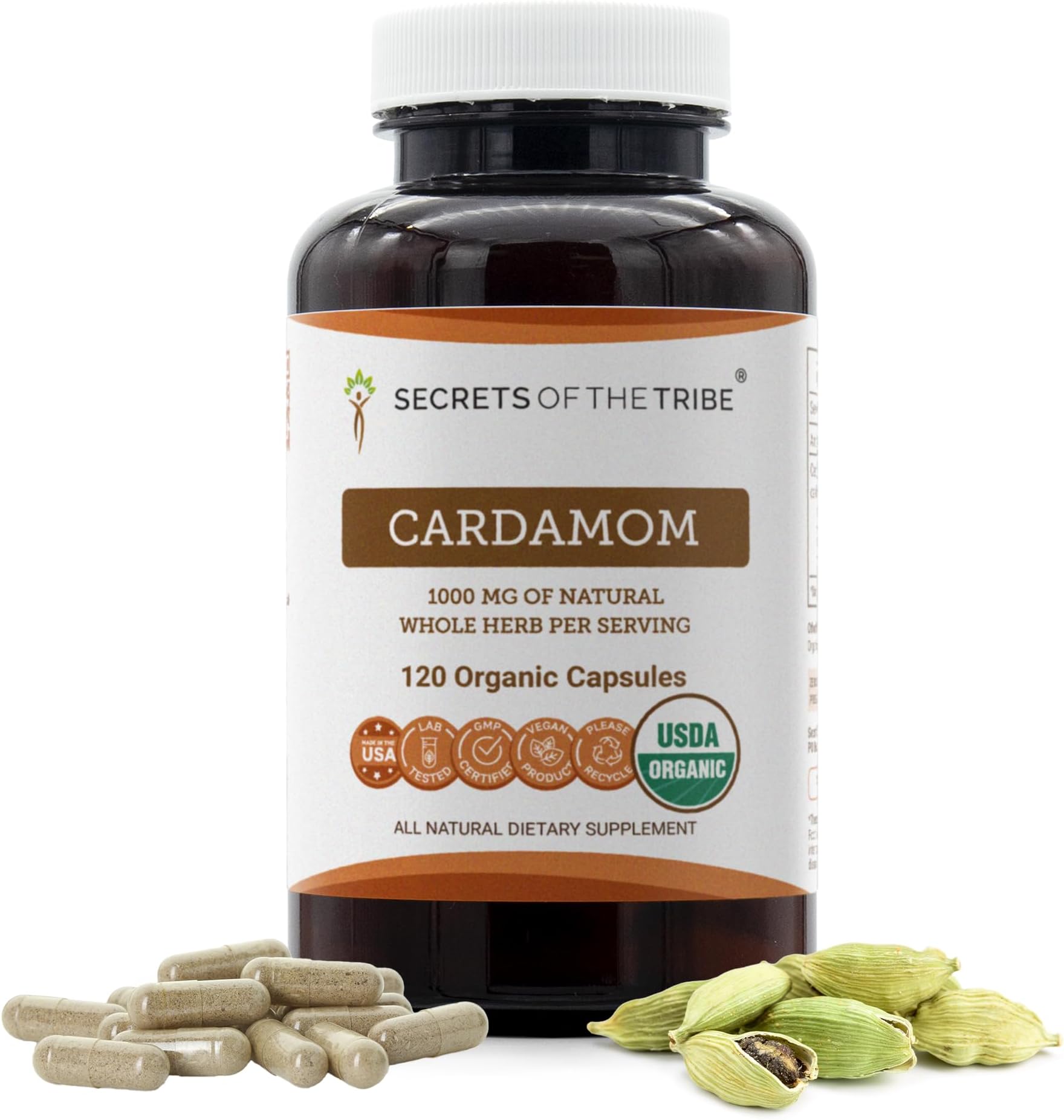Secrets of the Tribe Cardamom USDA Organic Capsules | Certified Organic Vegetarian Capsules, Herbal Dietary Supplement | Elettaria cardamomum Dried Pod (120 Count)