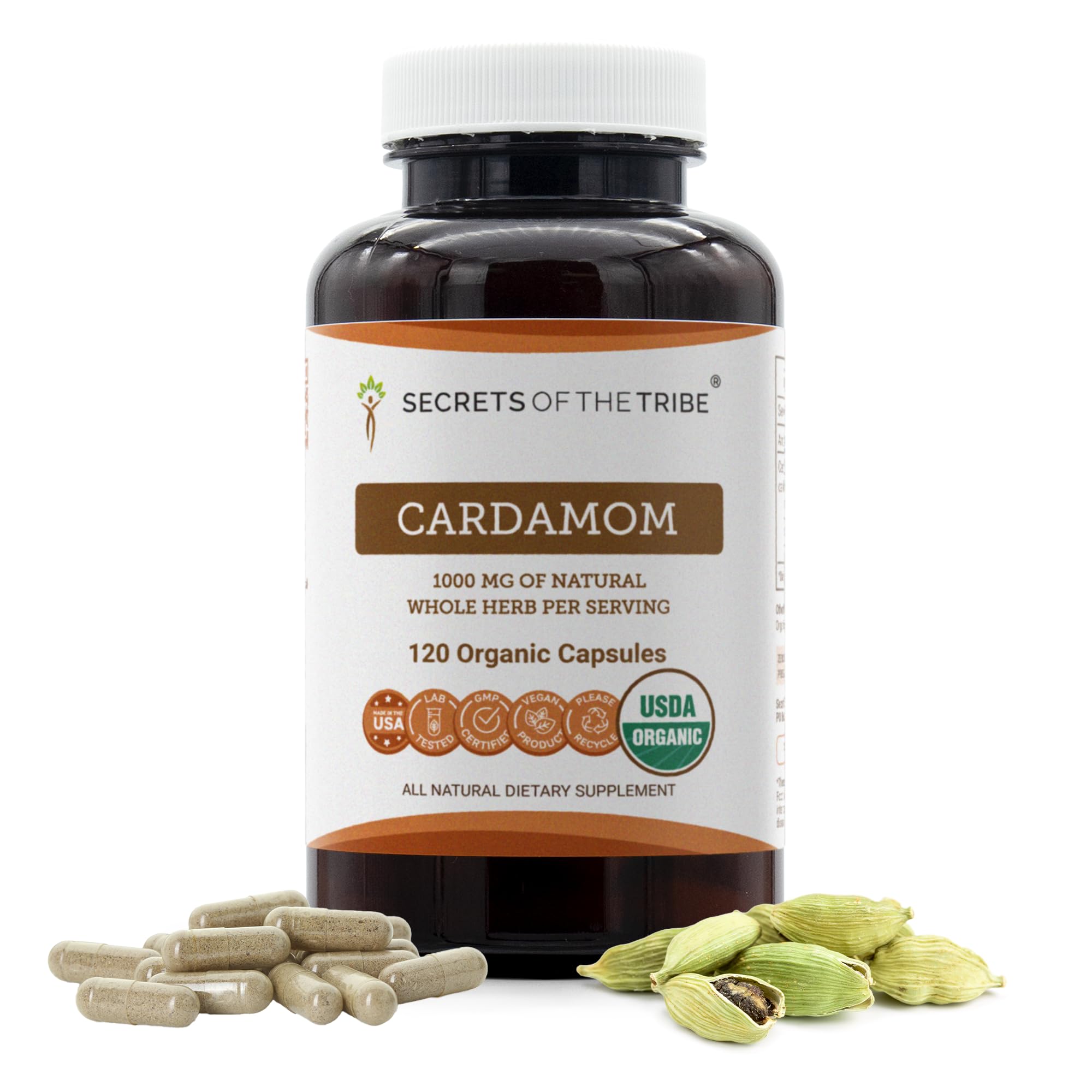 Secrets of the Tribe Cápsulas Vegetarianas de Cardamomo Orgânico (Elettaria cardamomum) — 120 cápsulas