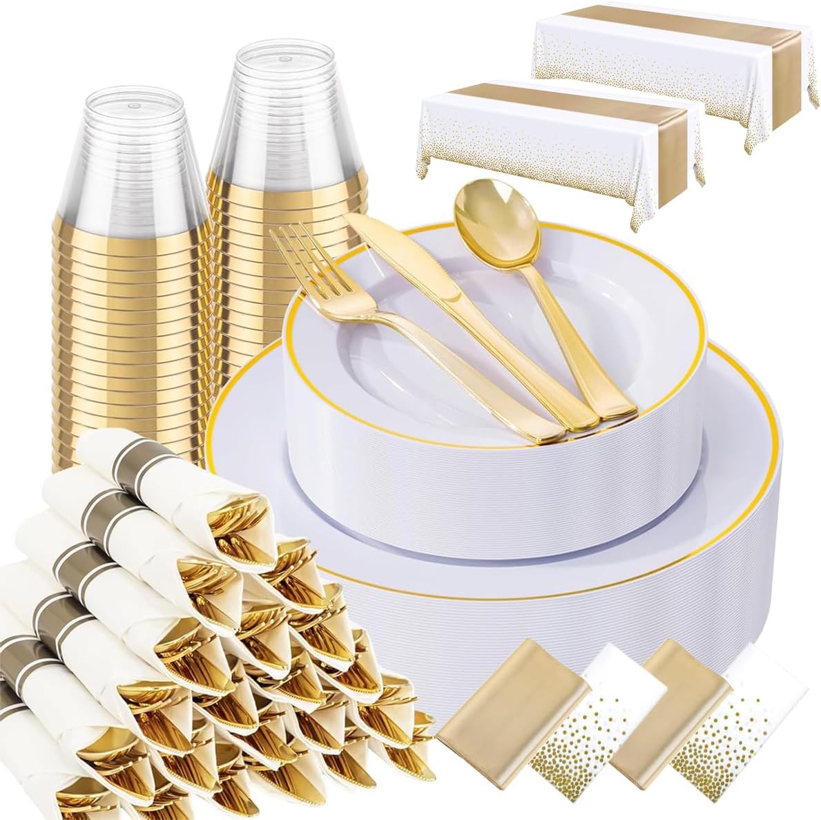 177 Pcs Plastic Disposable Dinnerware Party Tableware Set, 25 Guests Cutlery Party Supplies with Plate Spoon Fork Knife Cup Napkin Tablecloth for Weddings Birthday Anniversary Gathering (Gold)