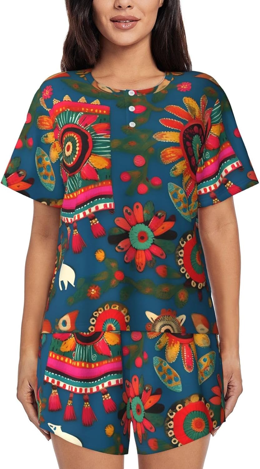 Mexican Folk Art Boho Print Cute Short Sleeve Pajama Set For Women Casual Loungewear With Pockets Four Seasons