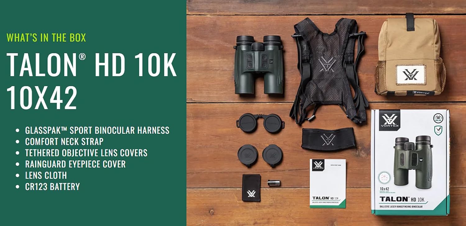 Vortex Talon HD 10K Ballistic Laser Rangefinding Binoculars | 10,000 Yd Capability, In-Display Wind/Drop Solutions, Intgrated Geoballistics Solver - Unlimited, Unconditional Warranty