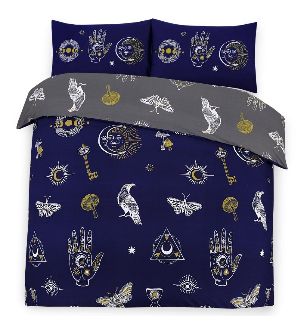 Charlotte Andersen Blue Mystical Gothic Navy King Duvet Cover Set – Luxury Polycotton Bedding – Soft & Reversible – Dark Aesthetic Bedroom Décor (, King (U.k. Standard))