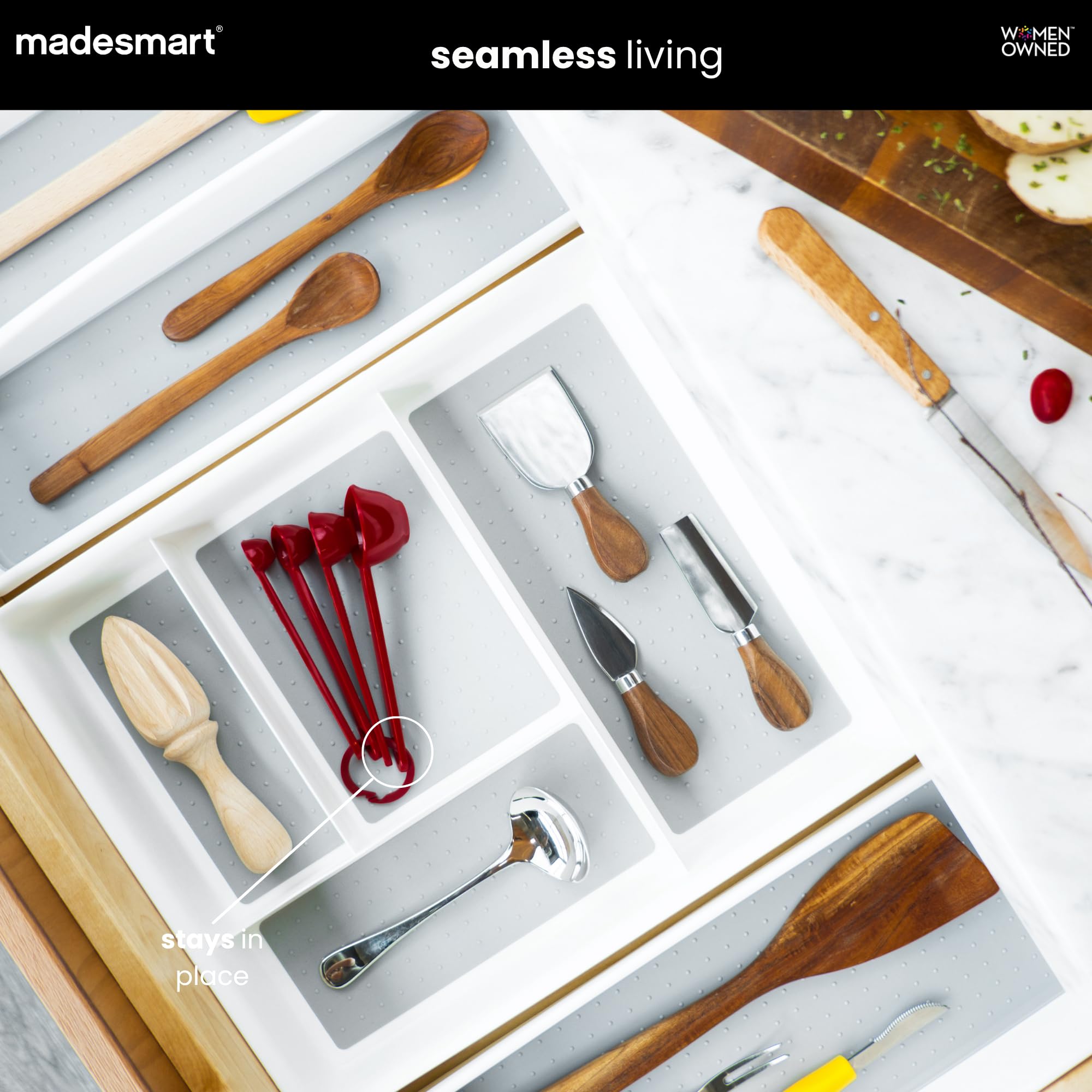 madesmart Klasyczny organizer na gadżety z 4 przegródkami, plastikowy, wielofunkcyjny pojemnik do przechowywania, do szuflad, biały