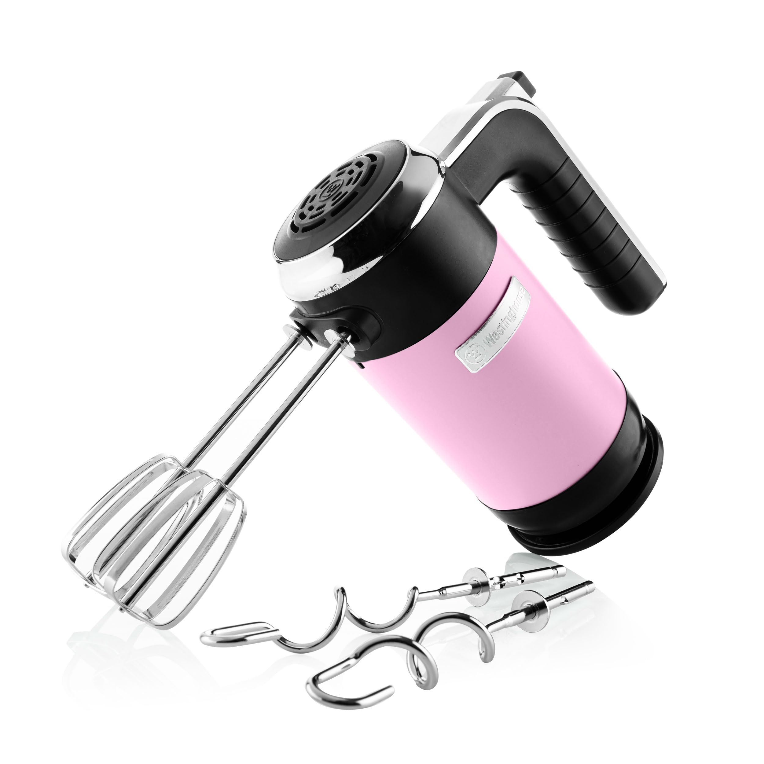 Westinghouse Retro Handmixer, 5 Geschwindigkeitsstufen + Turbofunktion, 2 Rührbesen, 2 Knethaken, LCD-Anzeige, Timer, Sockelboden, 350 Watt, pink
