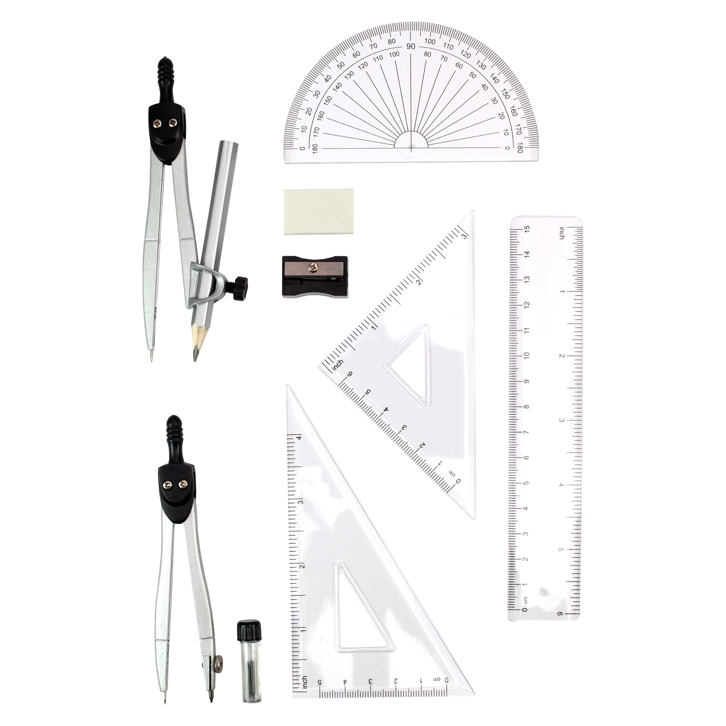 Linex Maths Geometry Set, 10-Piece Exam Kit with Transparent Case, Black, Includes Self-Centring Compasses, Protractor, Ruler - Image 2