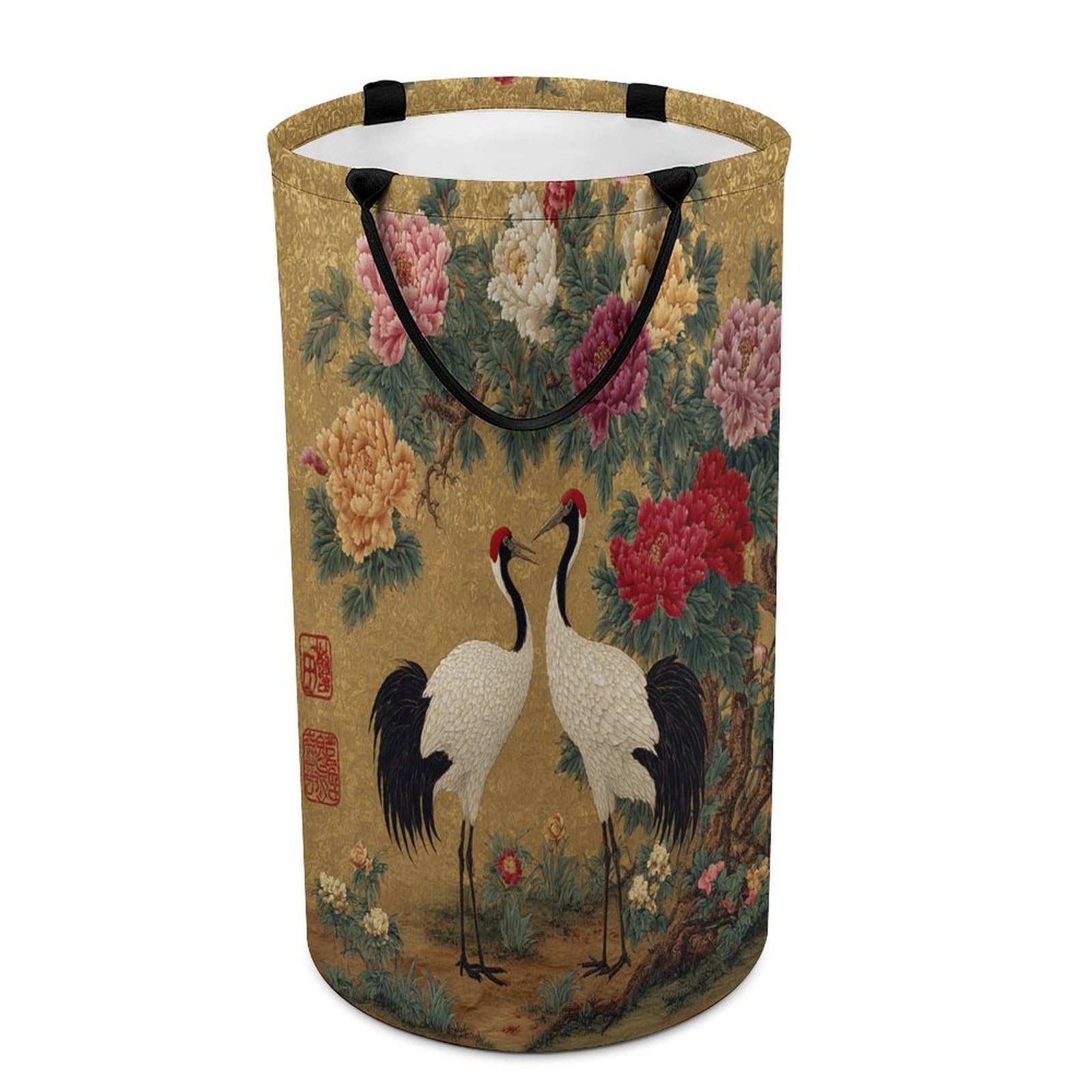LUYYSKY Vintage Realistic Animals Crane Versatile Storage Laundry Basket, Japanese Elegant Plants Peony Flowers Animals Crane Pattern Large Capacity Bathroom Hamper With Handle