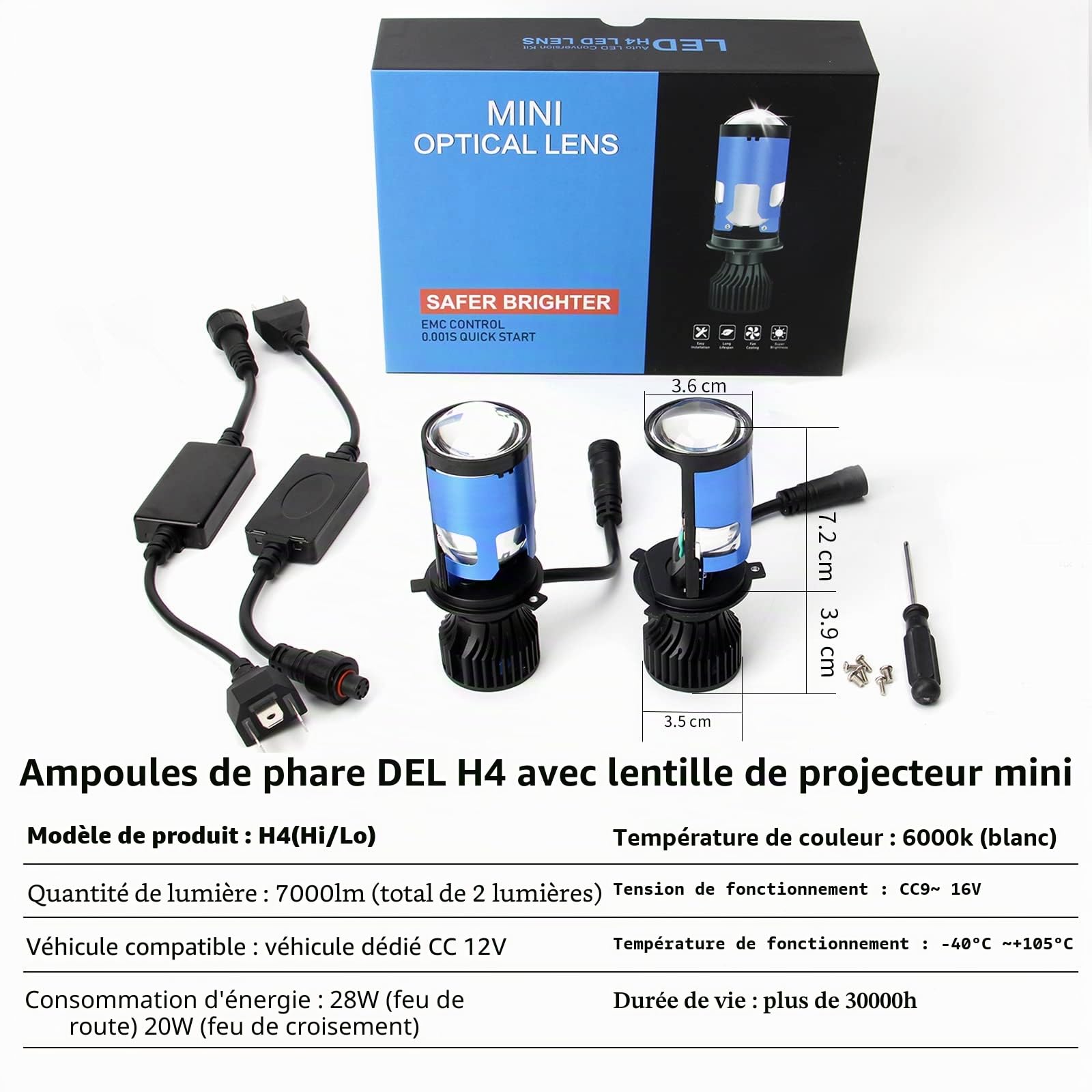 OPP ULITE Ampoule H4 LED Phare Voiture HS1/9003/HB2，10000LM 6000K Blanc Hi/Lo Beam，Version Améliorée Extrêmement Lumineux Phare LED avec Mini Projecteur Lens, Imperméable Tout-en-un Ampoules, 2 PCS