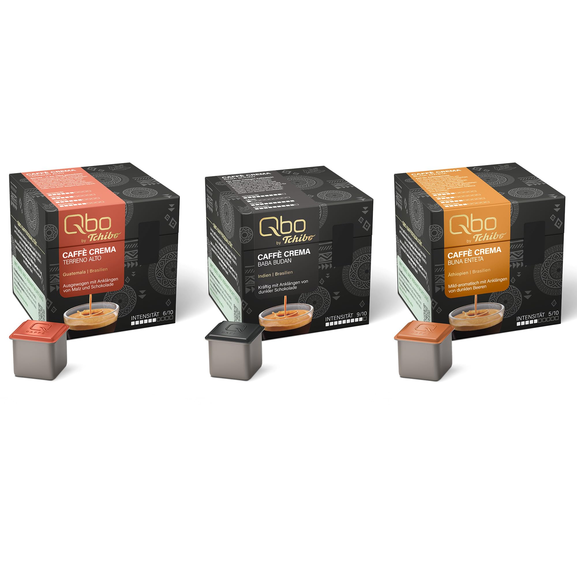 Tchibo Qbo Caffè Premium Kaffeekapseln, 81 Stück, 3x27 Kapseln in Würfelform, verschiedene Sorten, ausdrucksstarke Röstnote, aromaversiegelt, aus 70% nachwachsenden Rohstoffen¹, Kaffeegenuss Set