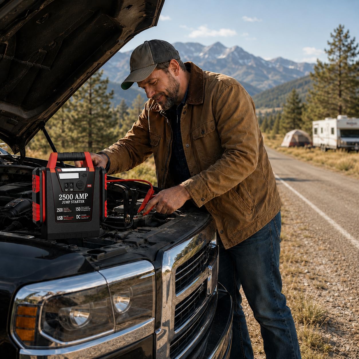 Arrancador de Coches Portátil 2500A con Compresor de Aire 150 PSI, Arrancador de Baterías 12V (Motores Gasolina/Diésel hasta 8.0L), Booster Batería, Jump Starter 20000mAh, Luz LED 500LM