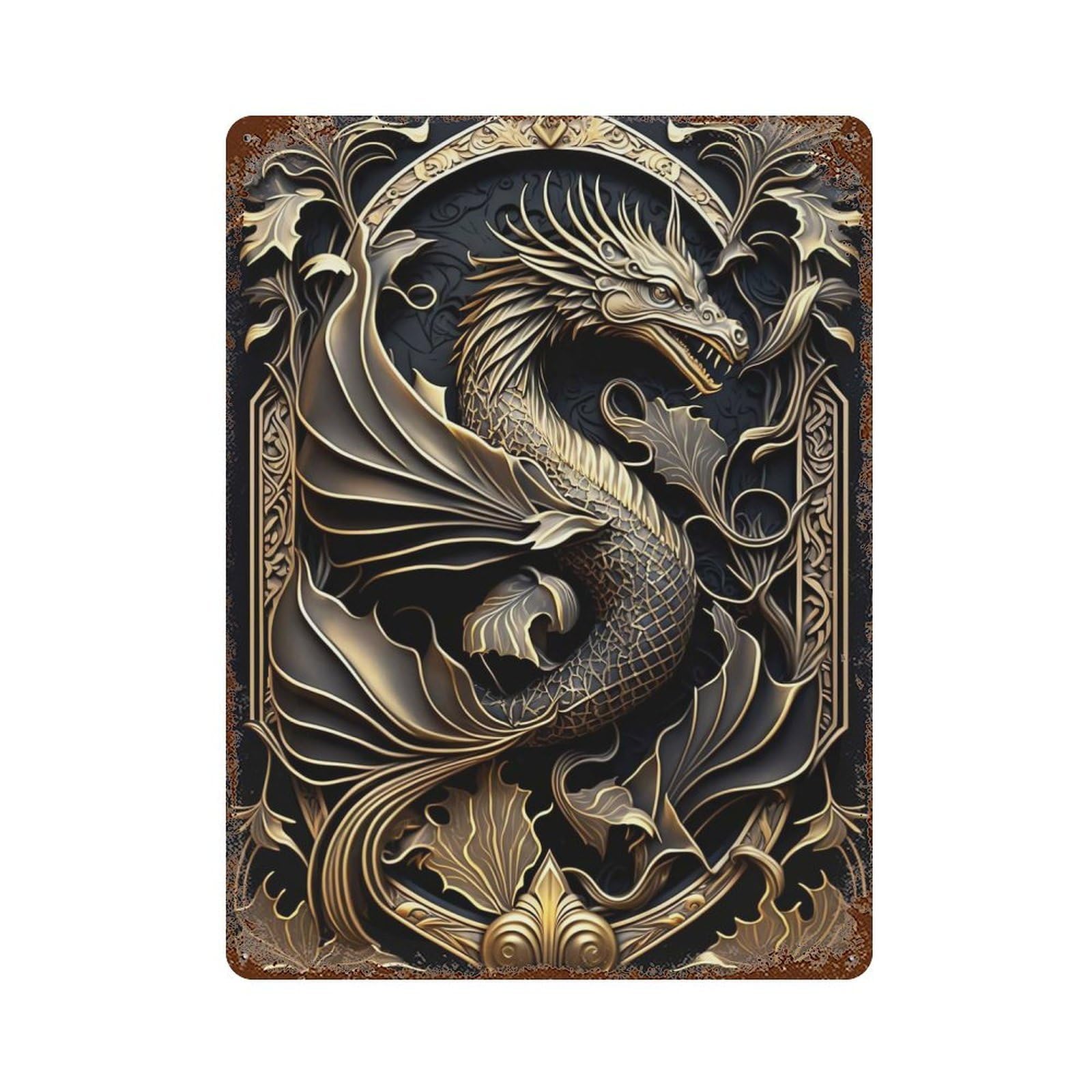Winged Dragon King 15.7"x11.8" Distressed Metal Wall Sign, Shabby Chic Decor for Shed, Workshop And Garage Wall Decor