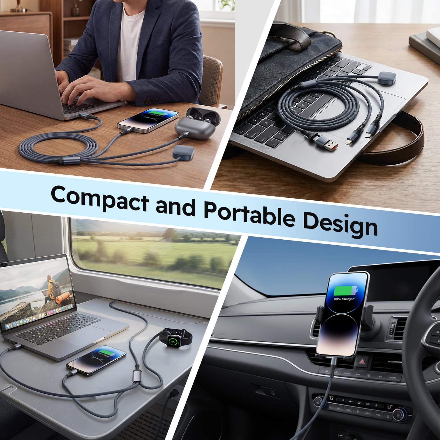Travel Essentials Câble de charge multiple de 19,4 cm² pour Apple Watch, chargeur USB A/C vers chargeur de type C/IP/iWatch, câbles de charge pour plusieurs appareils compatibles avec iWatch Series et