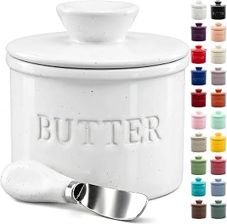 Zulay Kitchen Bell Shaped Butter Crock with Lid for Countertop with Water Line & Spreader Knife, Ceramic French Butter Dish Keeper For Fresh, Soft & Spreadable Butter - Speckled White