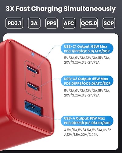 Miniatura 7 de Cargador de pared USB C de 128 W, estación de carga rápida de 3 puertos GaN III, bloque de cargador plegable PD QC, adaptador portátil de 65 W USB C