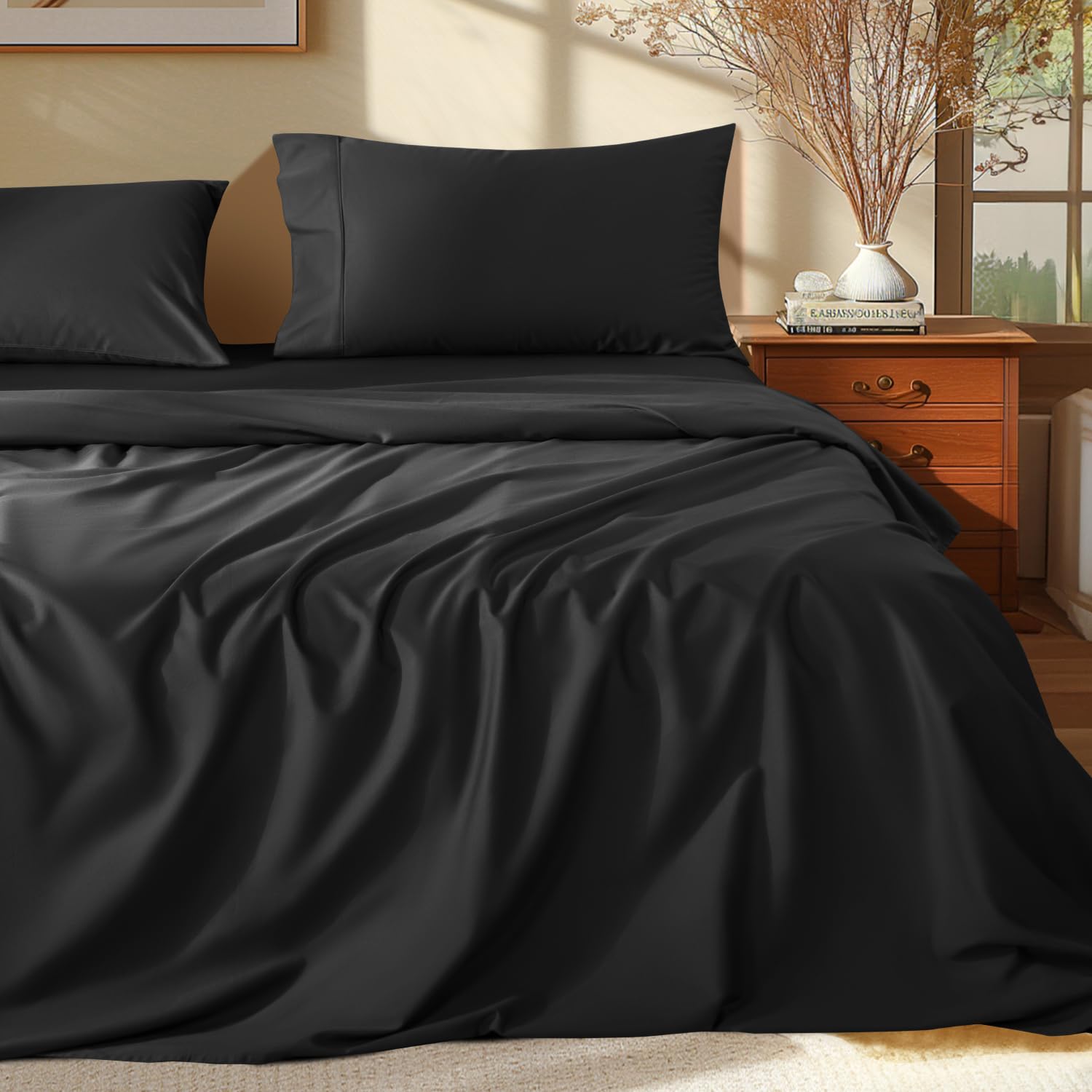 Shilucheng 100% Egyptian Cotton Sheets Set - 1000 Thread Count，Luxury Cotton Bed Sheets，Breathable & Cooling Bedding and Pillow Cases, 16 Inch Deep Pocket - 4 Piece (Full, Black)