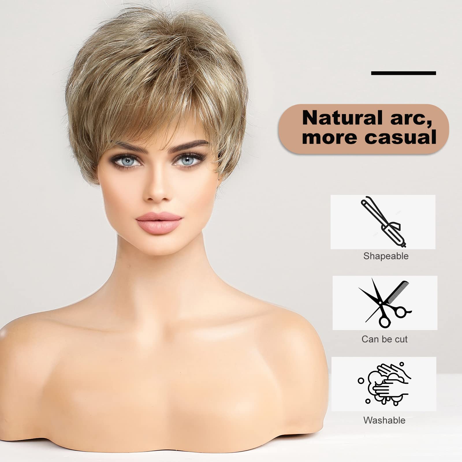 HAIRCUBE Human-hair Like Texture Light Blonde Mixed Off-white Short Pixie Cut Wigs for Women with Bangs Synthetic Replacement Wigs