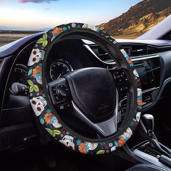 GePrint Skull Print Steering Wheel Cover for Women Fashion Car Interior Accessories for Cars SUV Truck Sedan Vans Decor Soft Car Wrap Cover for Men Gift for Birthday