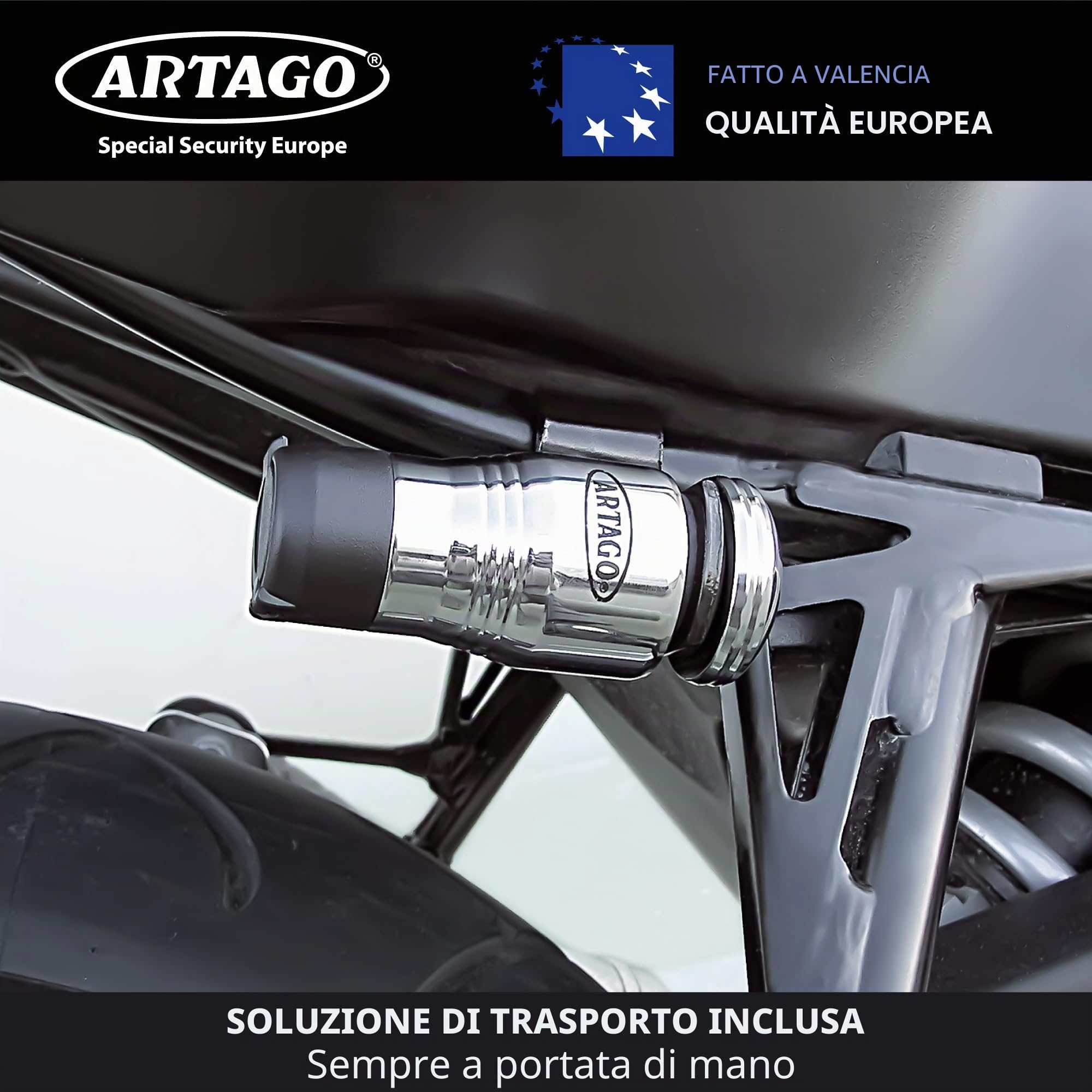 Artago 562-I Bloccadisco Moto Alta Gamma + Regalo Supporto di Trasporto, Blocco a 4 Sfere in Acciaio, Cromato, Serratura Alta Sicurezza, Lucchetto Antifurto Pinza Blocca Disco Moto Ruota Scooter