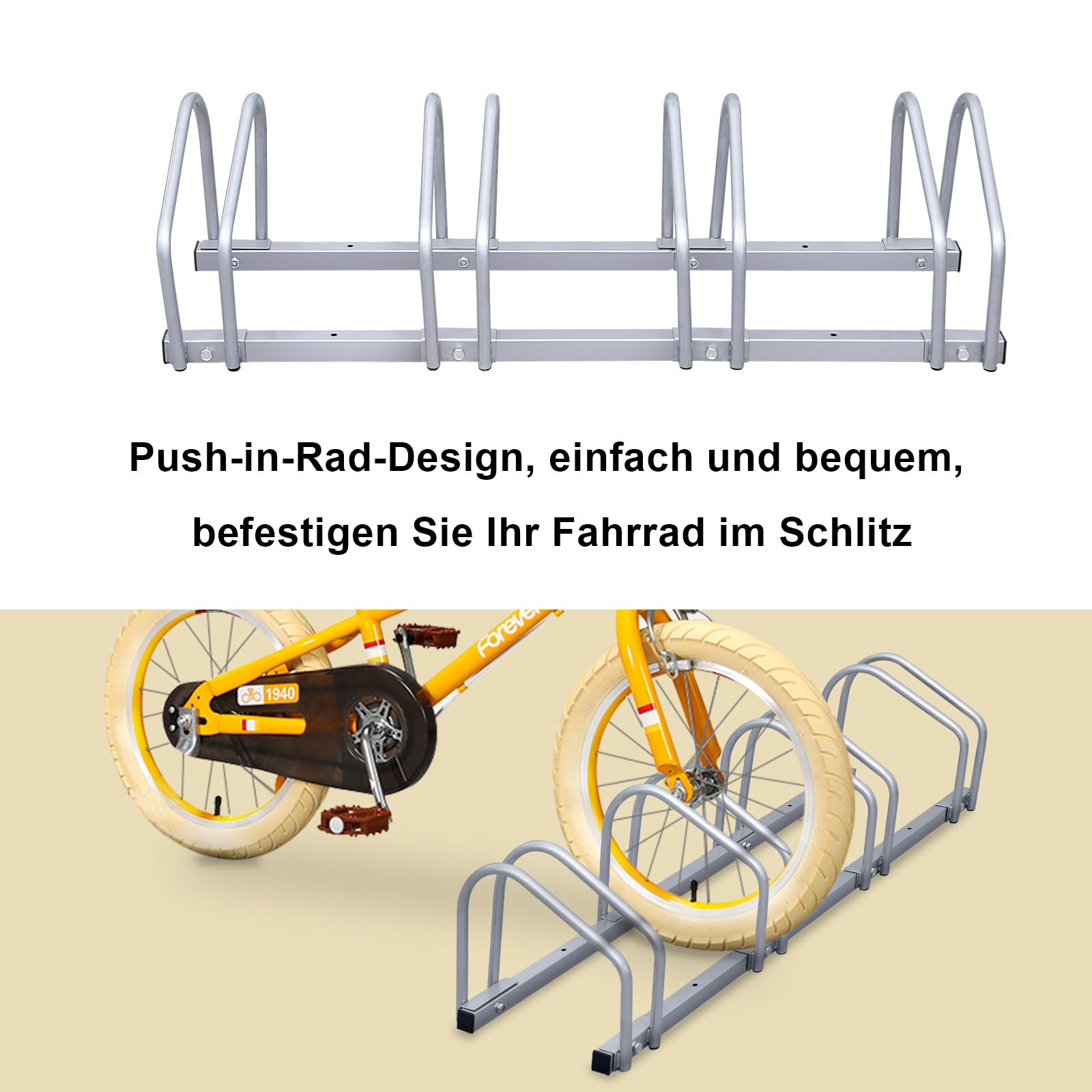 Soporte de suelo para 4 bicicletas, soporte para ruedas de acero galvanizado, ancho de neumático de 35 a 55 mm, distancia de aparcamiento de 30 cm, soporte para bicicletas para garaje, sótano, patio