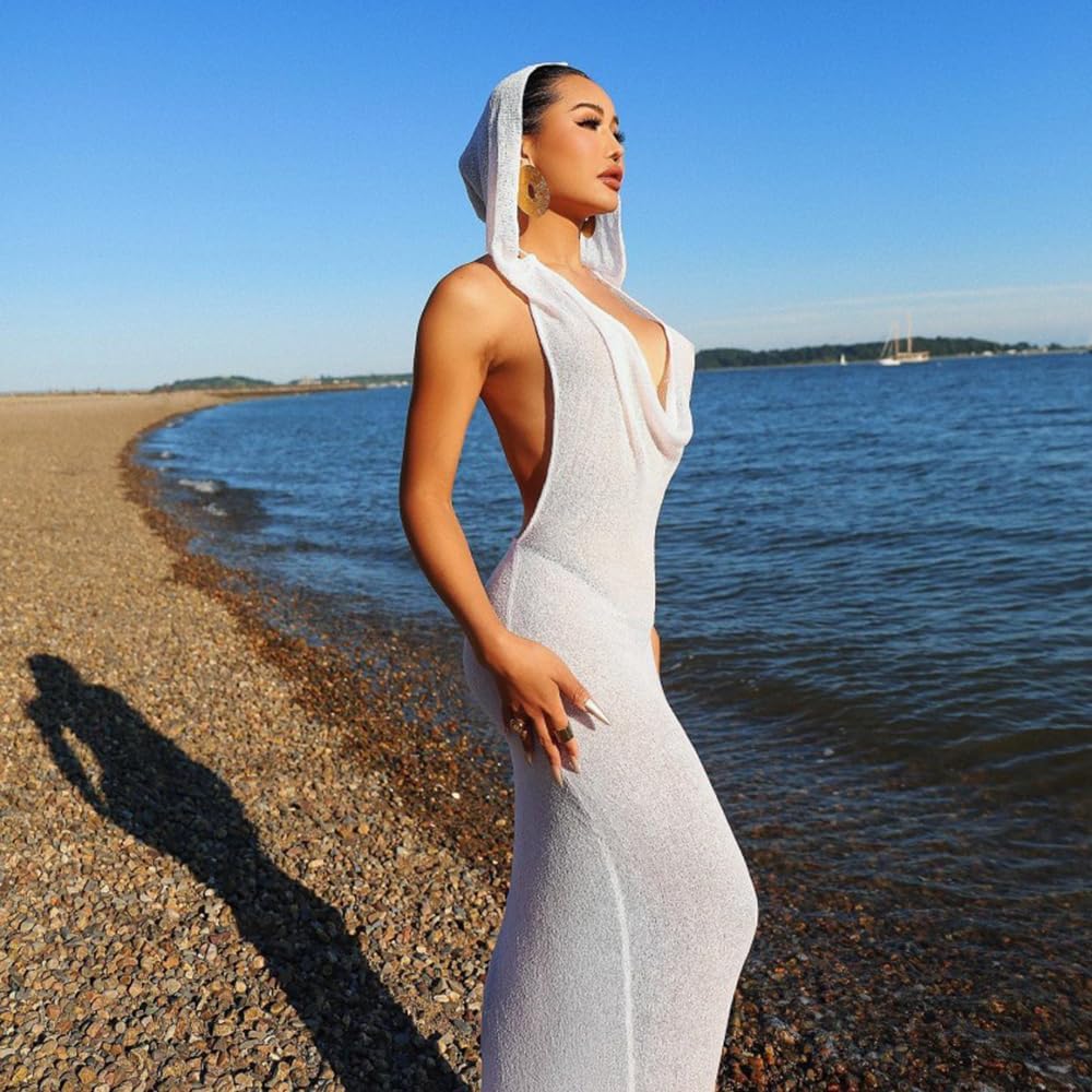 JasmyGirls Sexy Cover Ups for Swimsuit Cowl Neck Bikini Coverups Maxi Dress with Hooded
