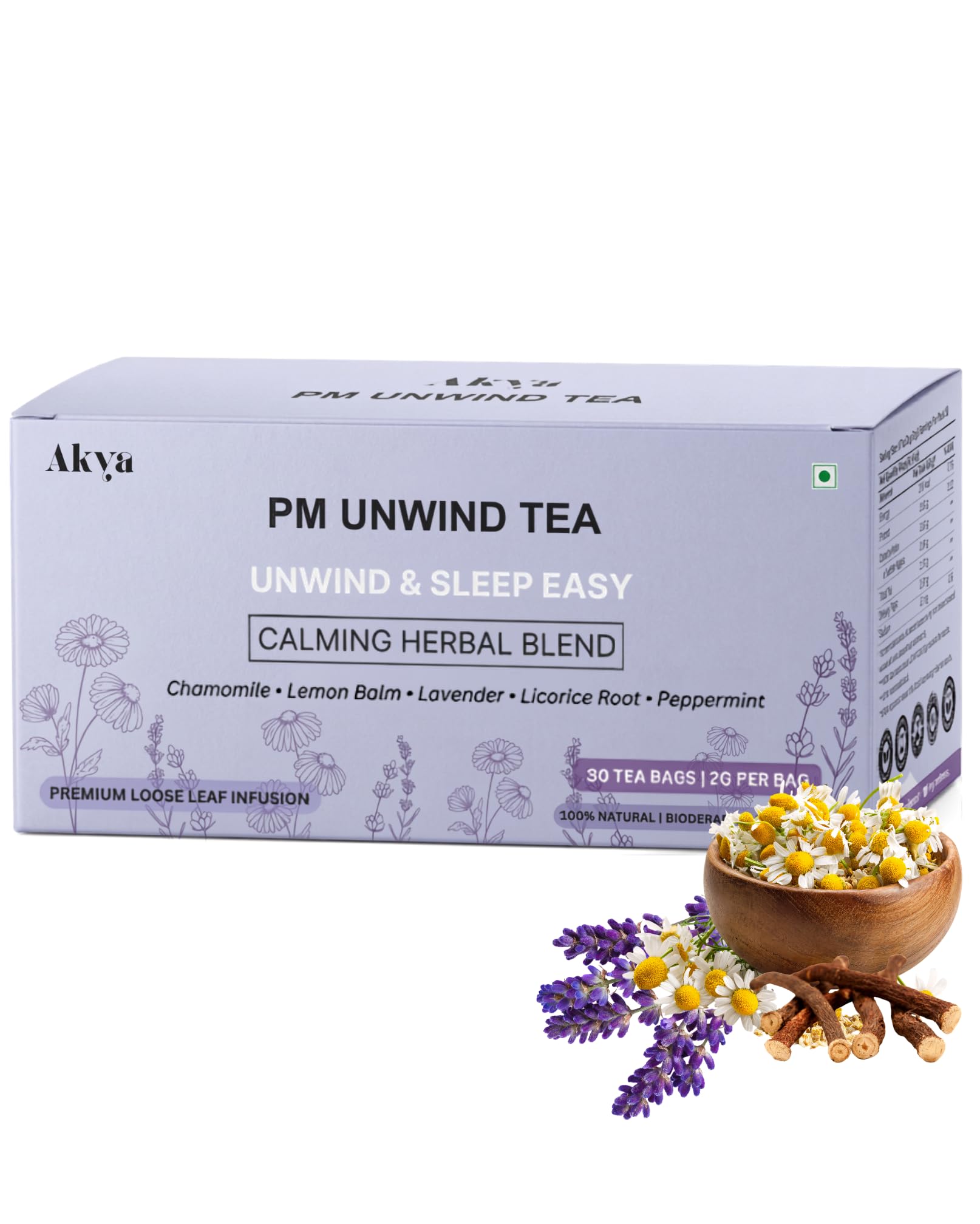 AKYA's PM Unwind Tea | Bedtime Herbal Blend with chamomile buds, lavender, peppermint, Lemon balm and licorice root | Caffeine-free blend for Calm Sleep, Digestion Support & Stress Relief, Natural Infusion | 30 Tea Bags-image-30