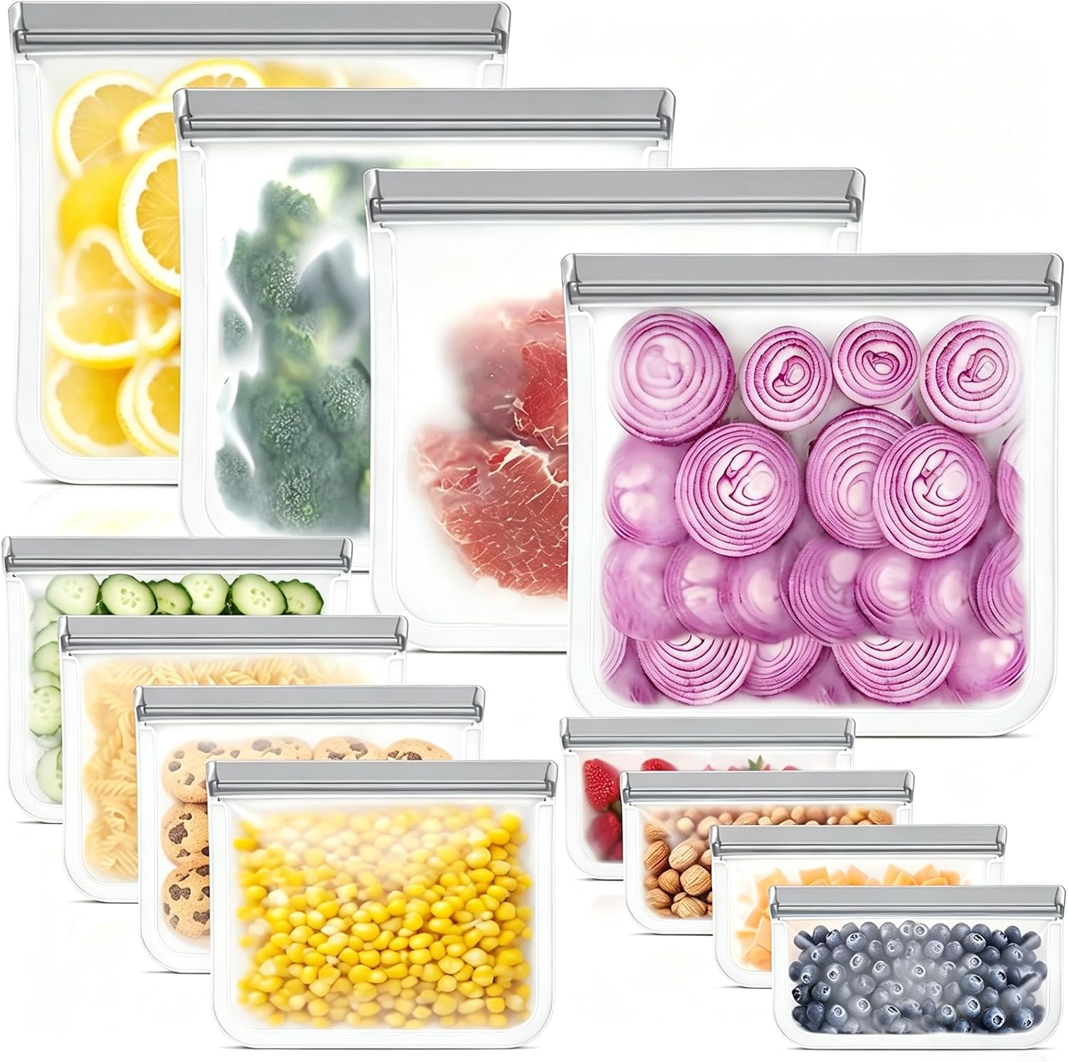 Reusable Silicone Food Storage Bags, 12 Pack 3 Size Leak proof Dishwasher Safe Reusable Freezer Bags for Food Storage Containers, Lunch Bag for Sandwich, Marinate Meat, Fruit, Gray Set