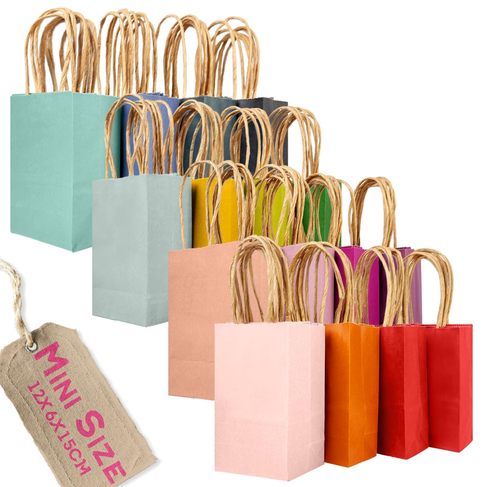 qiqee Mini Paper Gift Bags With Handles 16 Solid Colors Party Favor Bags for presents 4.5"x2.5"x6"（16-Packs）