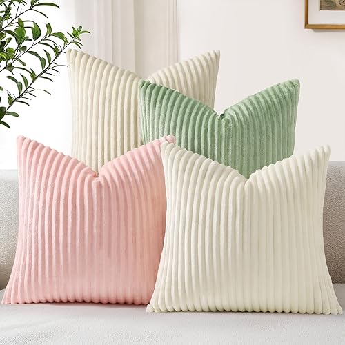 decorUhome Set of 4 Flannel Throw Pillow Covers 18x18 Inch, Spring Decorative Soft Double-Sided Fluffy Couch Pillow Covers, Farmhouse Neutral Pillow Cases for Sofa Living Room (Neutral/White)