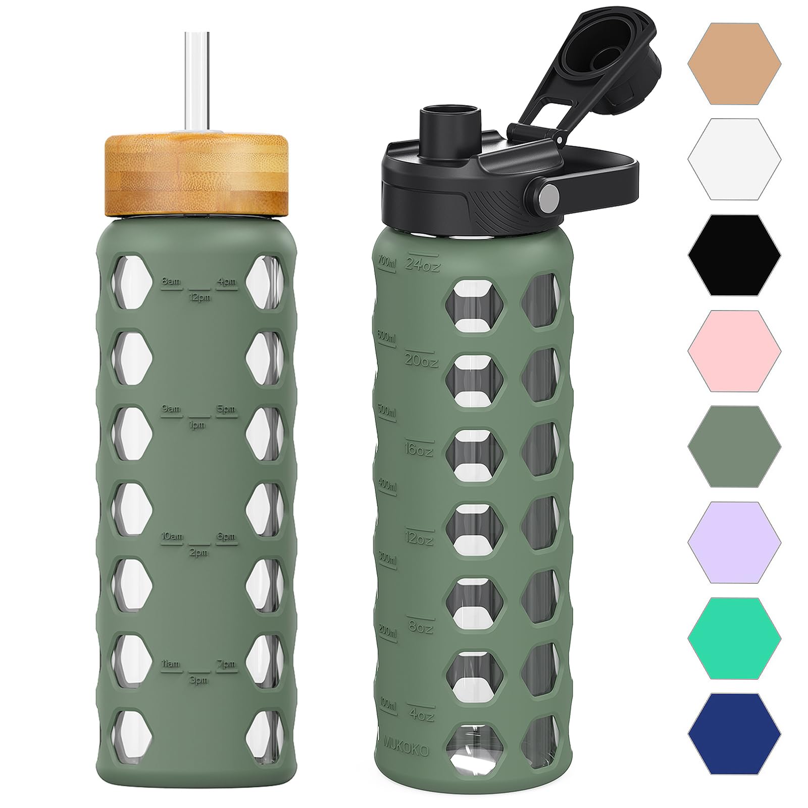 HYDRAGLAZIC 700ML Glaswasserflasche mit 2 Deckel Flip und Bambusstroh Deckel Sport Wasserbecher mit Zeiterinnerung und Silikonhülle Auslaufsicher BPA-frei, Oliver