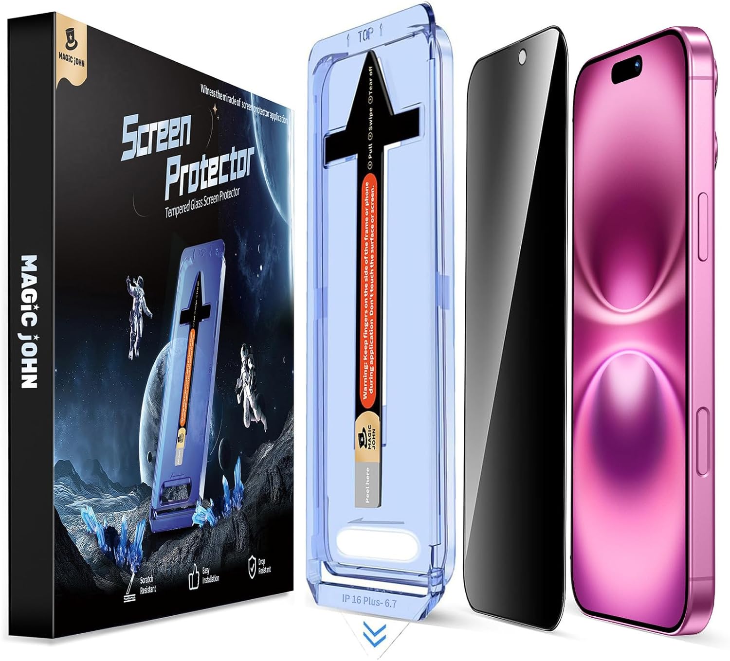 MAGIC JOHN 2 Pack for iPhone 16 Plus Privacy Screen Protector 6.7 inch, Anti Spy Tempered Glass Film, Auto Dust-Elimination Installation, Bubble Free, Case Friendly MAGIC JOHN 2 Pack for iPhone 16 Plus Privacy Screen Protector 6.7 inch, Anti Spy Tempered Glass Film, Auto Dust-Elimination Installation, Bubble Free, Case Friendly