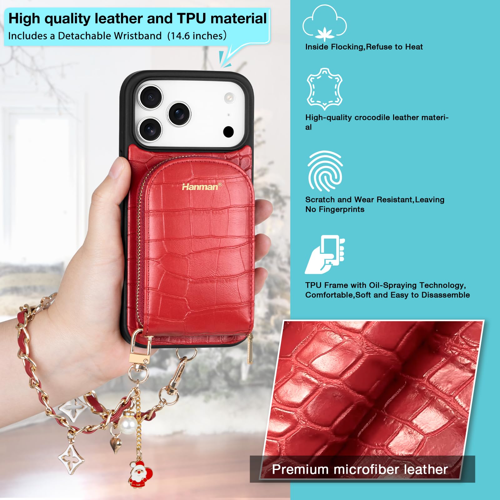 Hanman Funda para iPhone 17 Pro Max, funda de piel estilo cartera a prueba de golpes, 4 ranuras para tarjetas antirrobo RFID integradas y correa de muñeca desmontable, diseño magnético 2 en 1, color