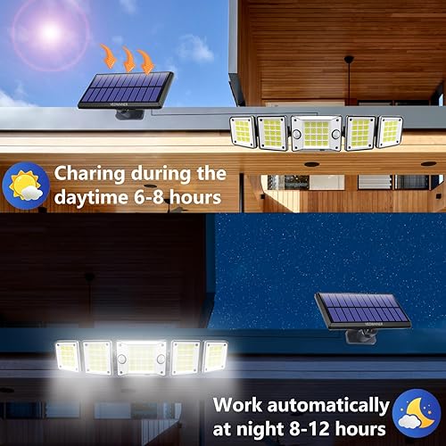 Miniatura 5 de Luces solares para exteriores de 240 2 con sensor de movimiento, impermeable, 560 LED, panel separado, cable de 16.5 pies, modo de iluminación del