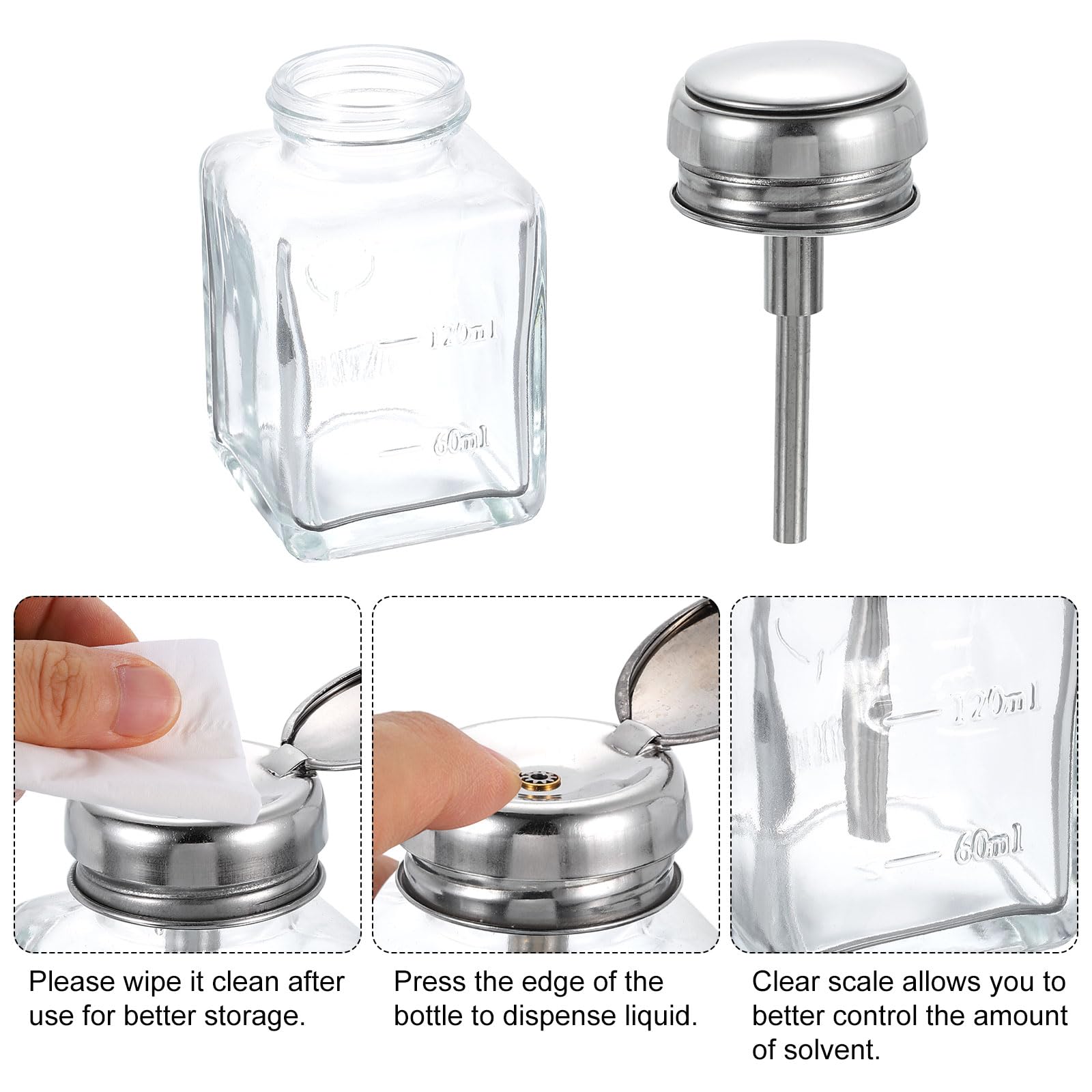 QUARKZMAN Dispenser Alcol Solvente 120ml (4oz) Bottiglia Pompa Liquida a Spinta Conica con Tubo Acciaio Inossidabile e Nucleo Rame per Rimuovi Smalto Acetone