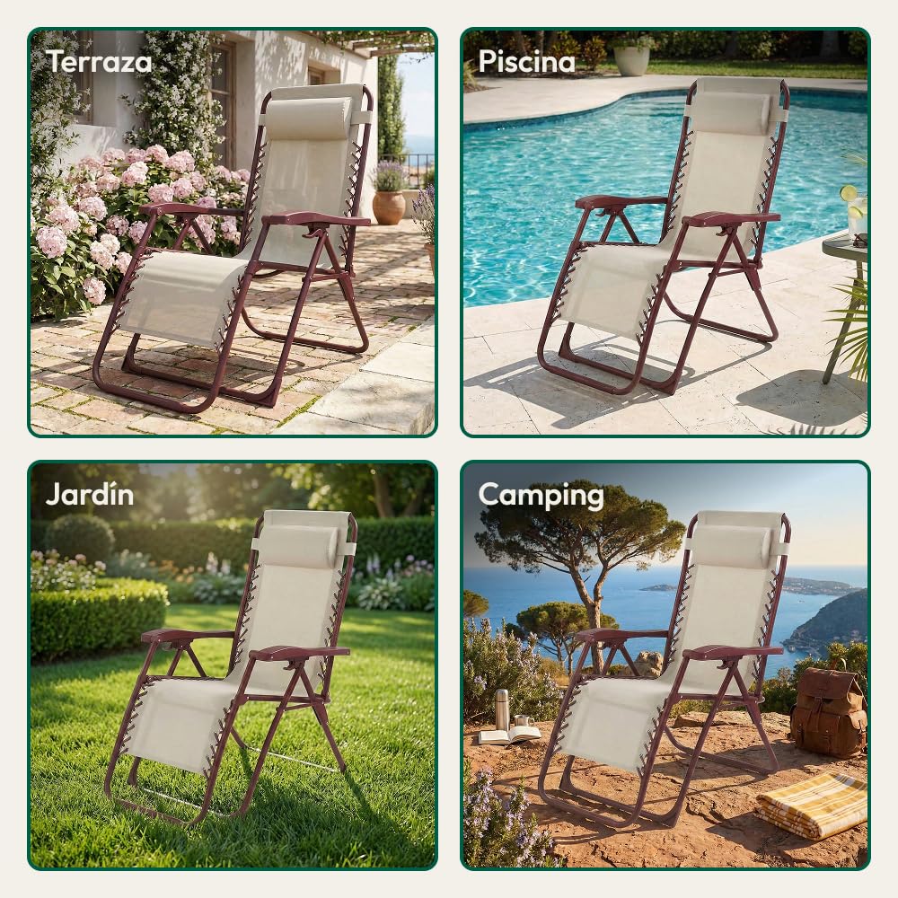 CASABEL Silla Plegable de Gravedad Cero, Terracota | Reclinable, posición de gravedad cero, confort óptimo, textilene transpirable, acero anticorrosión, cojín repelente al agua