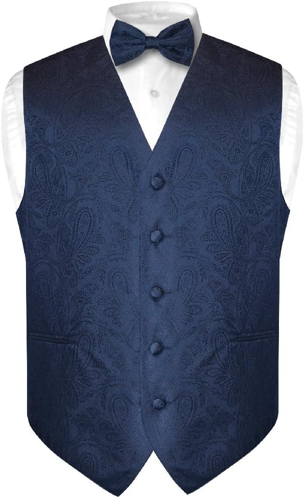 Vesuvio Napoli Men's Paisley Design Dress Vest & Bow Tie SILVER Grey Color BOWTie Set