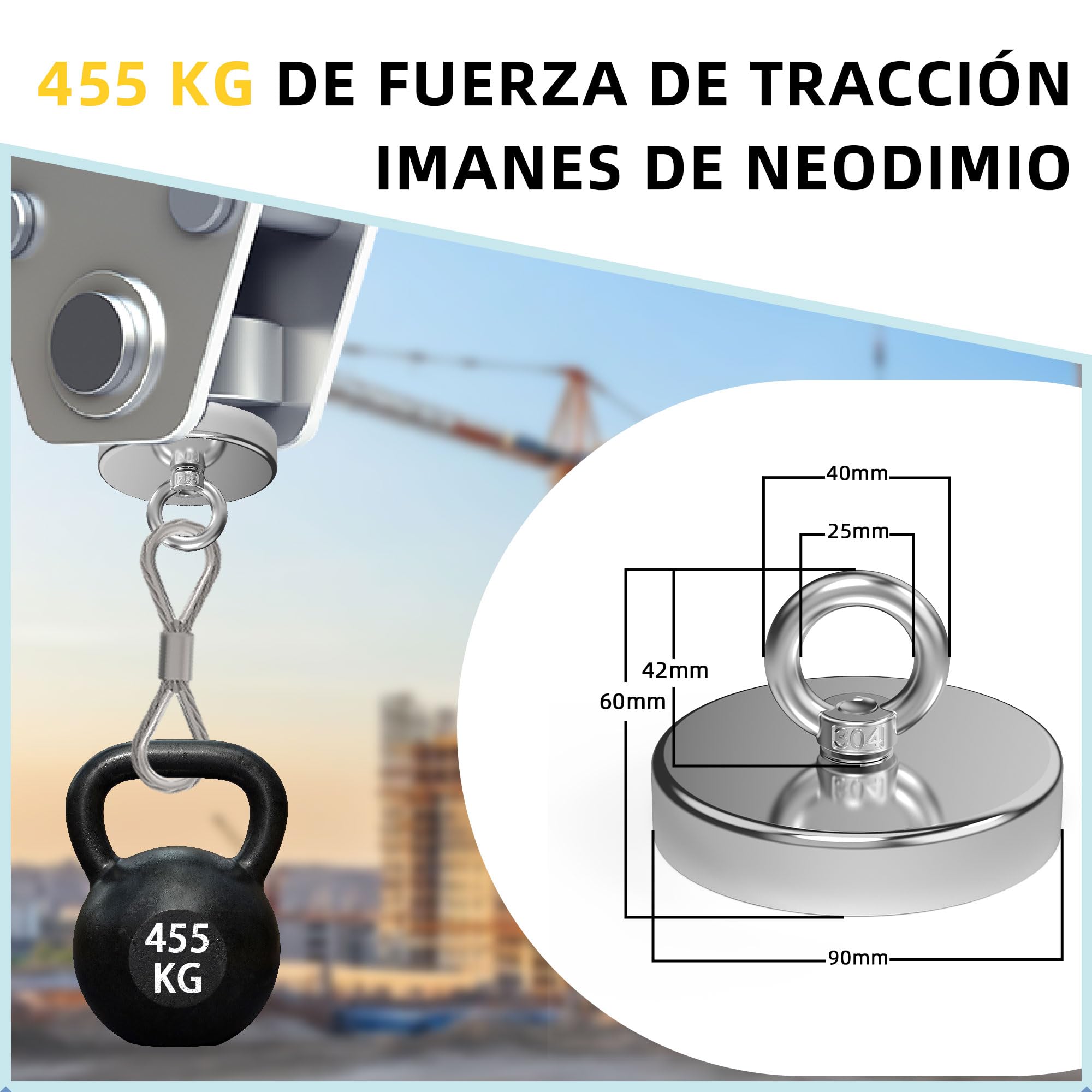Magnetpro Imán de pesca de más de 455 kg de fuerza de tracción, imanes de neodimio de alta resistencia con cáncamo diámetro de 90 mm ideal para pesca magnética, caza y recuperación en ríos e industria