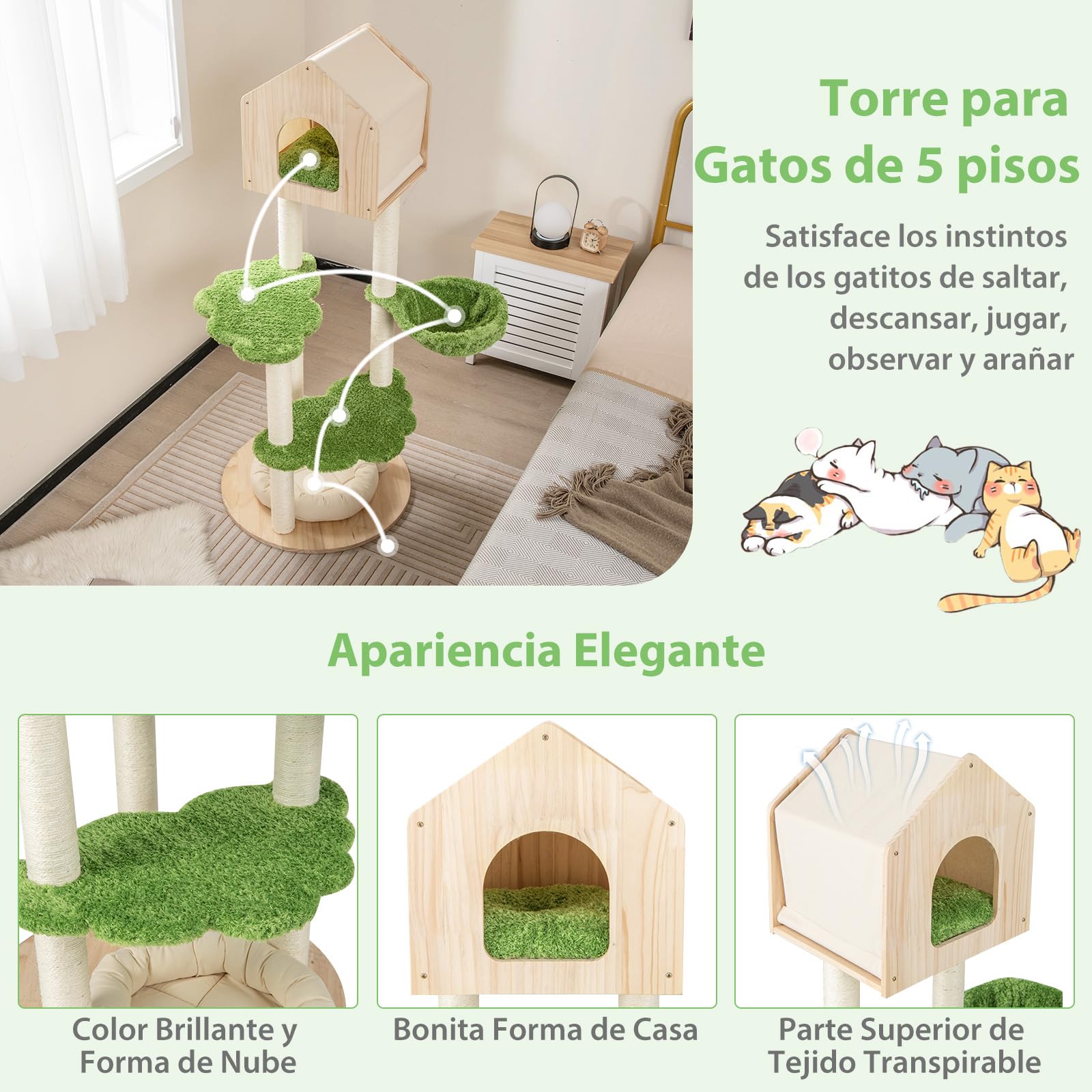 GYMAX Árbol de Escalada para Gatos de 139 cm con Poste Rascador de Sisal y Cueva, Árbol para Gatos con Cama para Gatos, Hamaca, Centro de Actividades de 5 Niveles, Muebles para Gatos