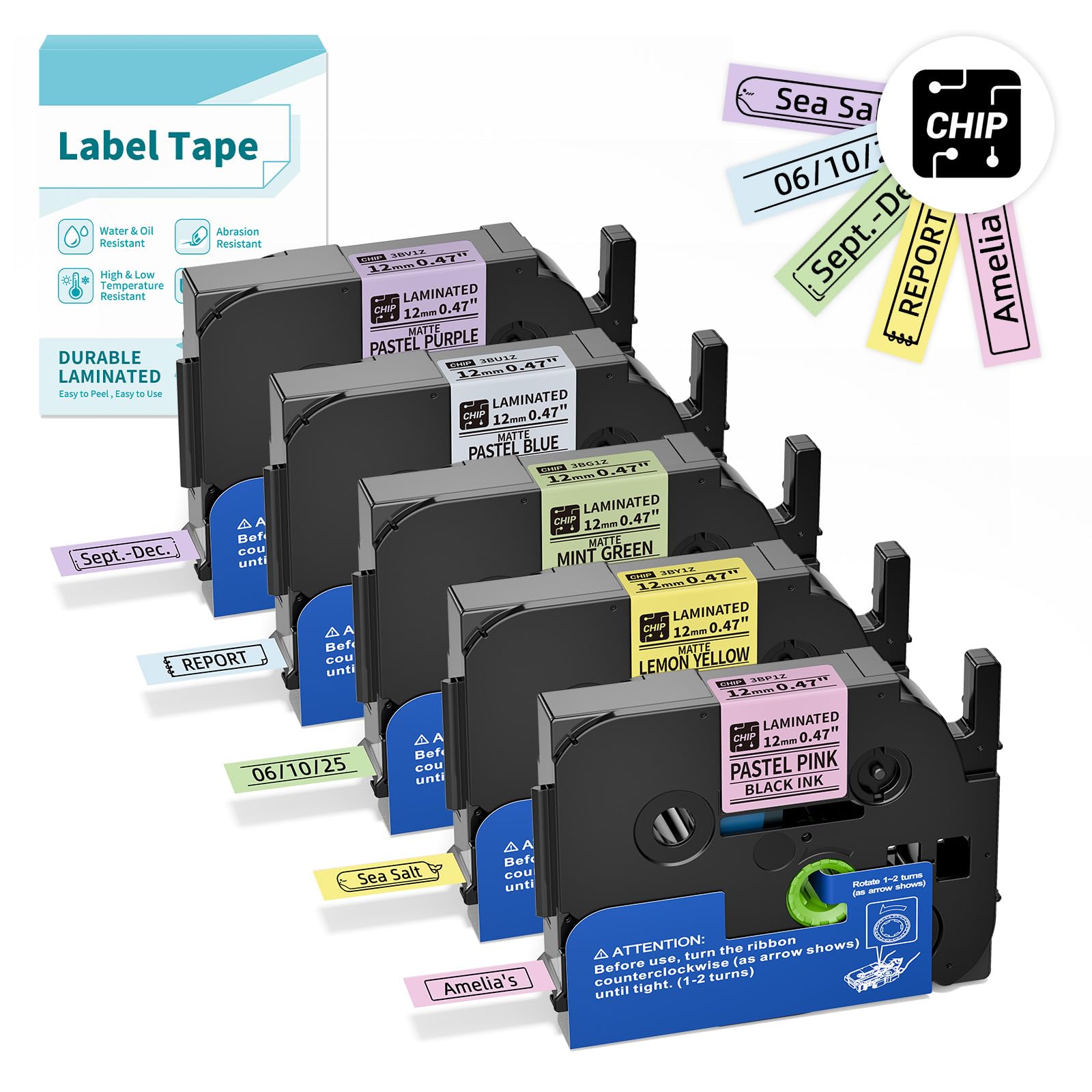 Nastri morbidi BZ colorati per etichettatrice D210S H1100 E1000, 12 mm, 0,47, laminati CHIP, rosa pastello (3BP1Z), giallo (3BY1Z), verde (3BG1Z), blu (3BU1Z) viola (3BV1Z), confezione da 5