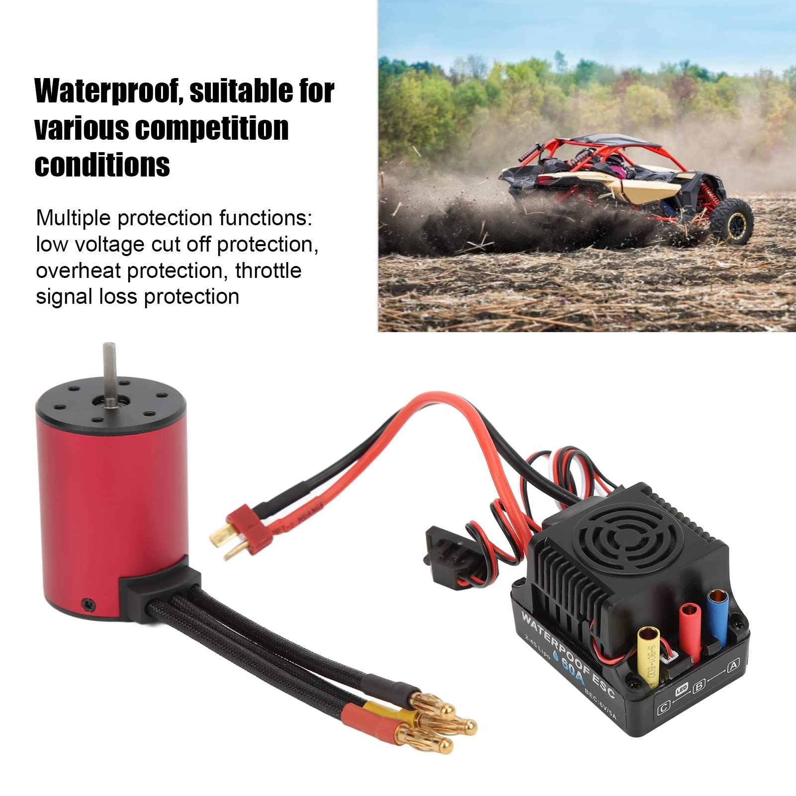 Generic Kit Combinato Motore Brushless Impermeabile 2300KV e 60A ESC per Auto Telecomandate 1/10 Ad Alte Prestazioni Rosso