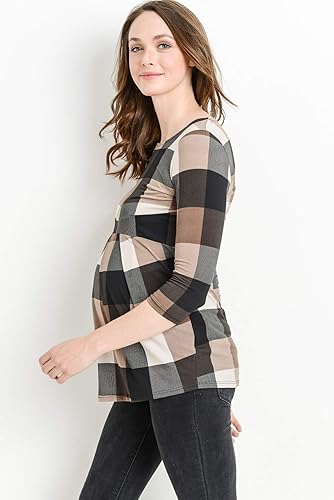 Miniatura 3 de LaClef - Blusa de maternidad para mujer cuello redondo manga 34 plisada al frente estilo peplum Brown Plaid, Burgundy Plaid, Black Solid, Dusty