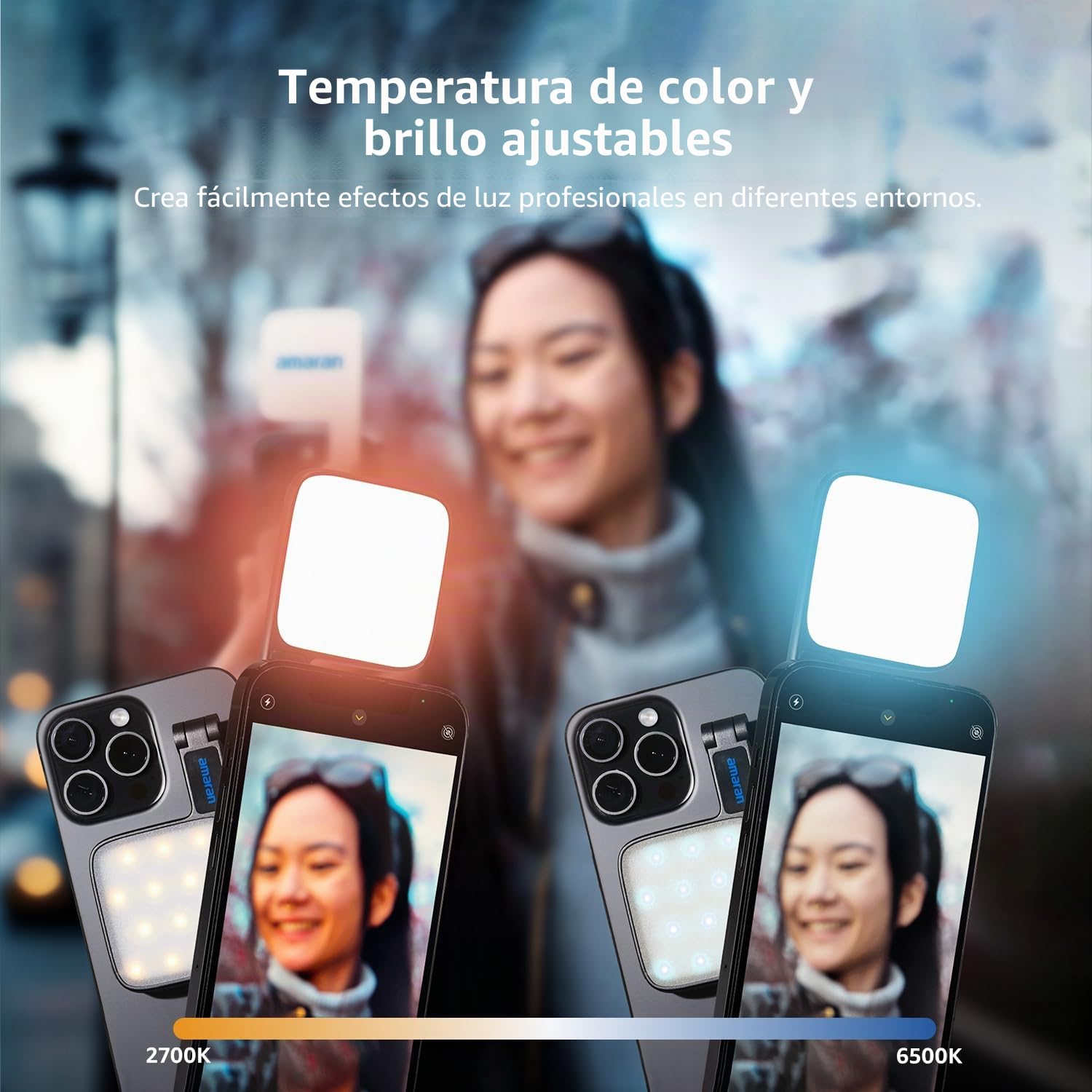 Amaran Go Mini LED Magnético para Teléfonos - Luz de Espejo CCT Ajustable 2700K a 6500K, 10 Efectos de Iluminación, Carga Rápida USB-C, Suave y Precisa para Creadores Móviles - Carbón