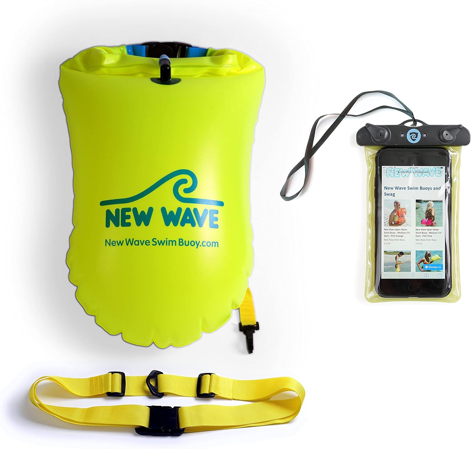 New Wave Swim Buoy 20L PVC Fluo Green and Phone Pouch Bundle