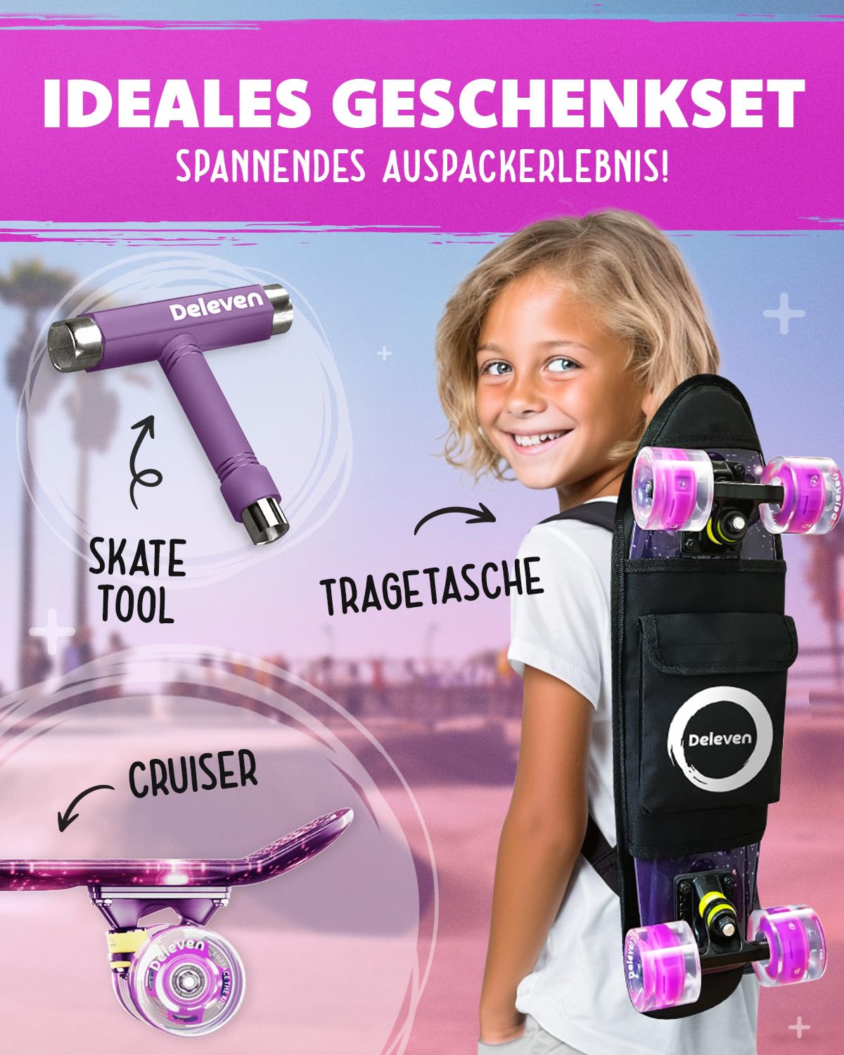 Deleven Skateboard mit Tragetasche, LED Rollen, Skate Tool und ABEC 7 Lager - Kinder Erwachsene Anfänger - 56 cm