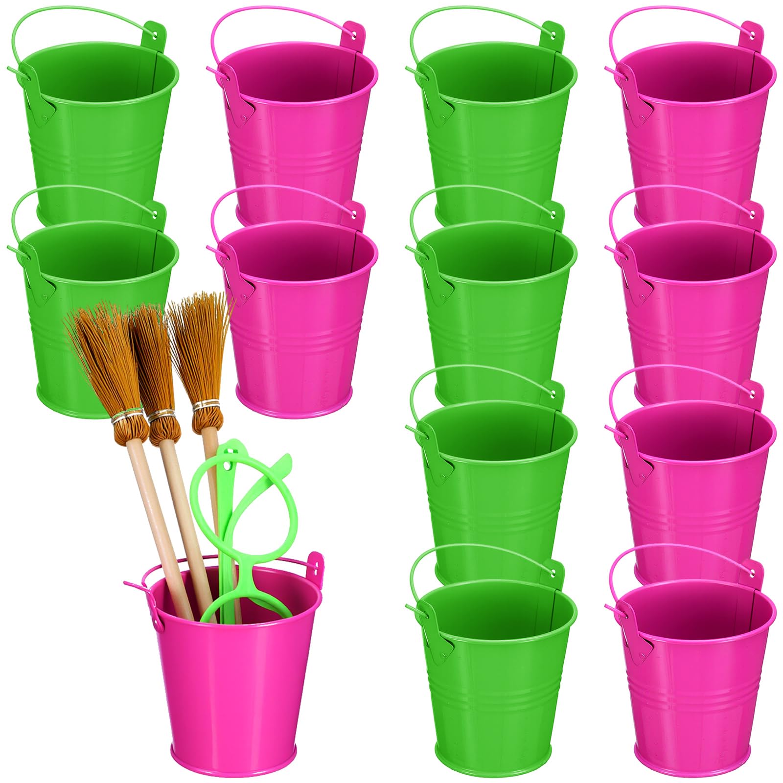 12 Pack Witch Party Favor Supplies Green and Pink Party Favor Containers Small Metal Buckets Mini Metal Pail for Witch Themed Decorations Candy Crafts
