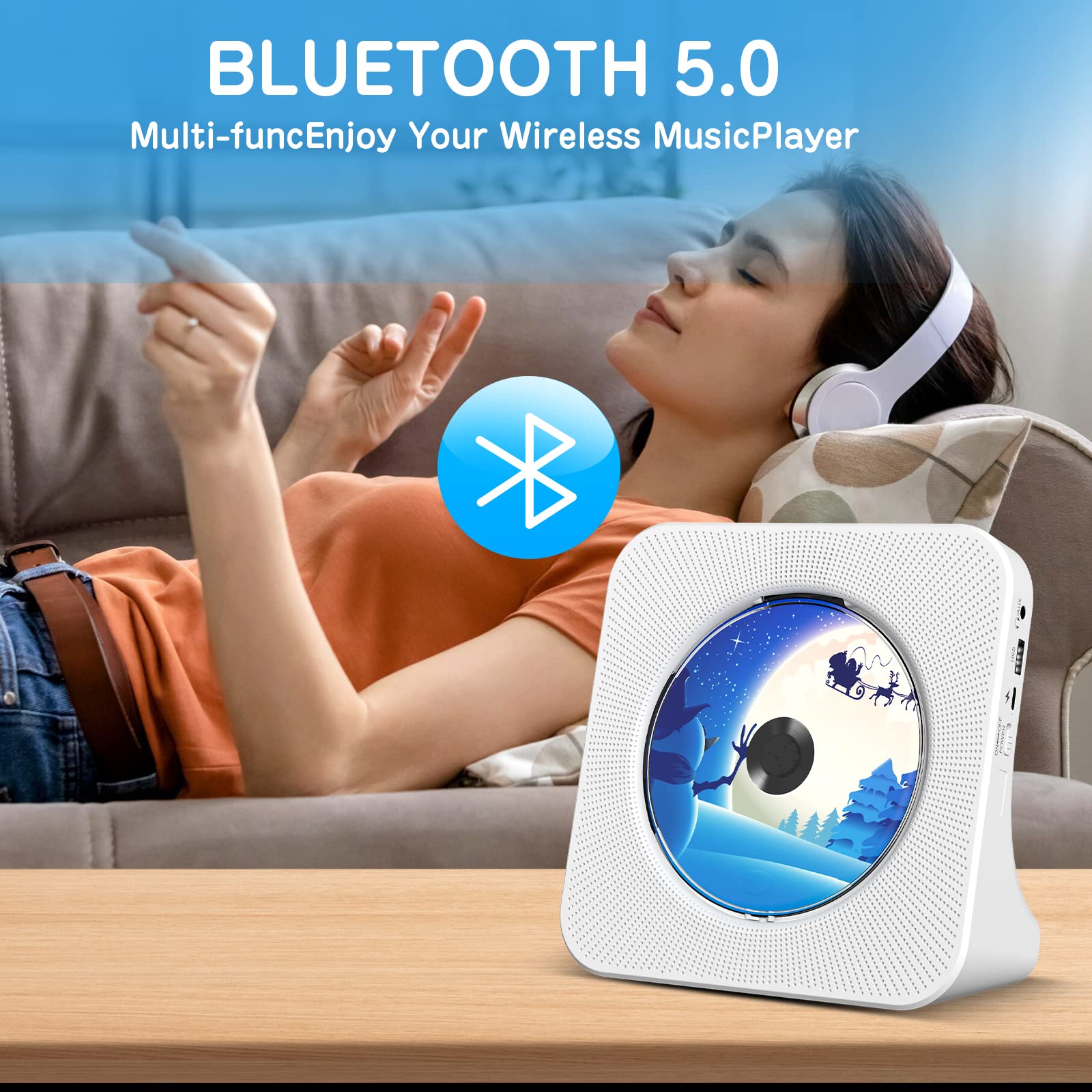 Lecteur CD Bluetooth 5.0 avec Haut-parleurs, Radio Blanc | Lecteur CD Enfant intégrés avec télécommande Cache-poussière Affichage Radio FM Minuteur Port casque USB AUX