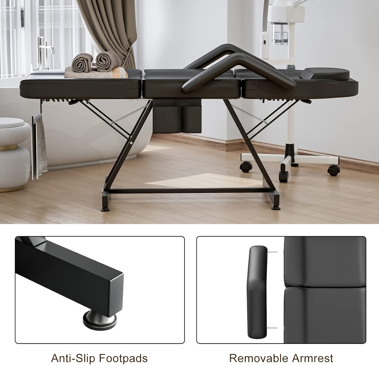 Close-up of anti-slip footpads and removable armrest on the facial bed.