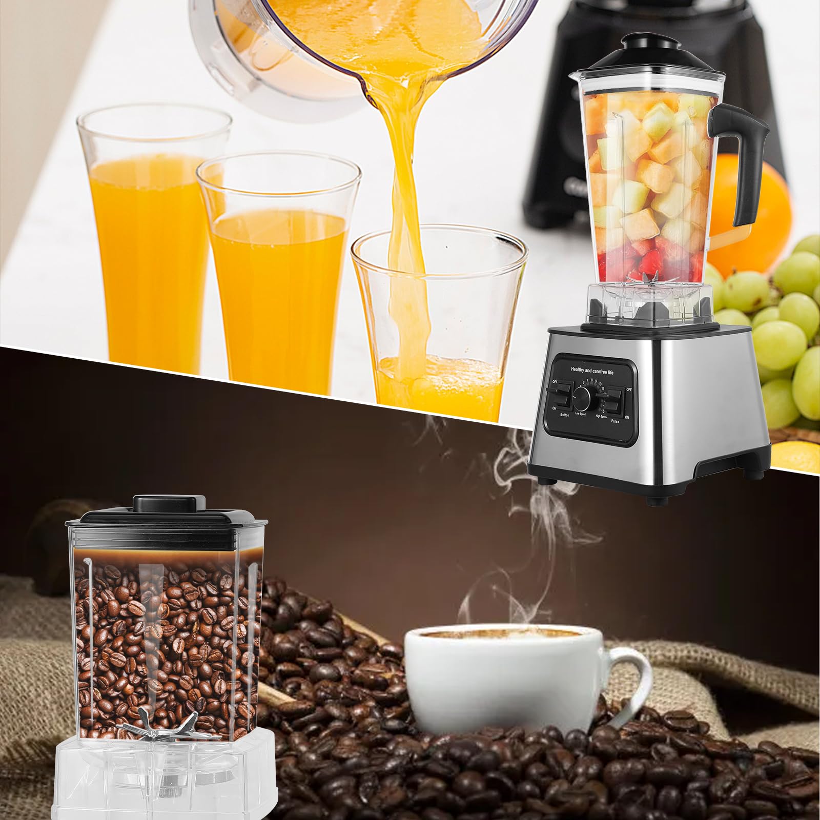 2-En-1 Blender Mixeur 6000w, 2.5l Professionnel Blender Smoothie, Mixeur Haute Vitesse Sans Bpa, 9 Vitesses, Avec 4 Lames, Pour Glace PiléE, Jus, Smoothie, Fruits, LéGumes, Noix