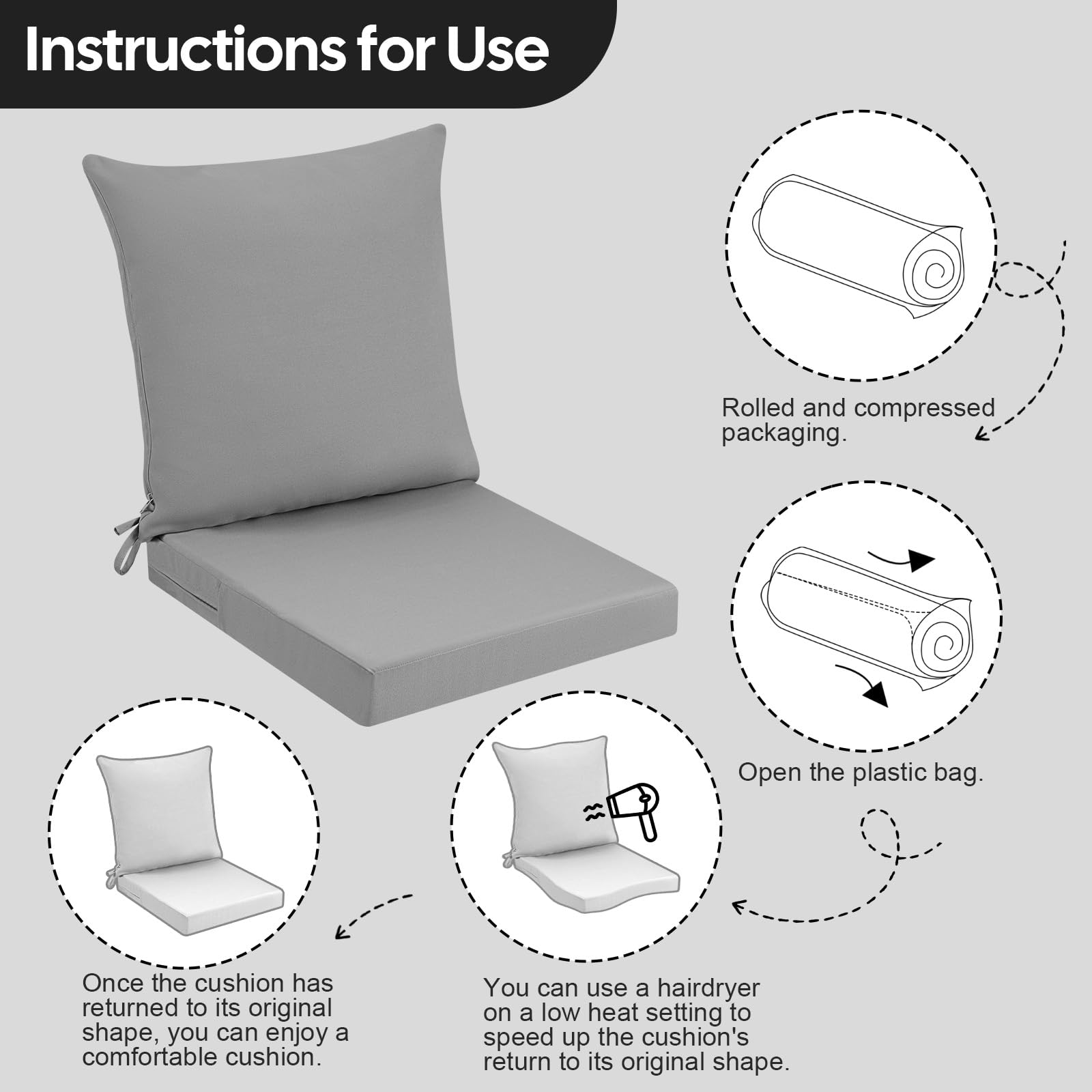 Cojín para silla de jardín al aire libre con respaldo, 7 cm de grosor, impermeable, con funda extraíble, cojín para muebles de patio con lazos para sofá y sillas, 50 x 50 cm, gris